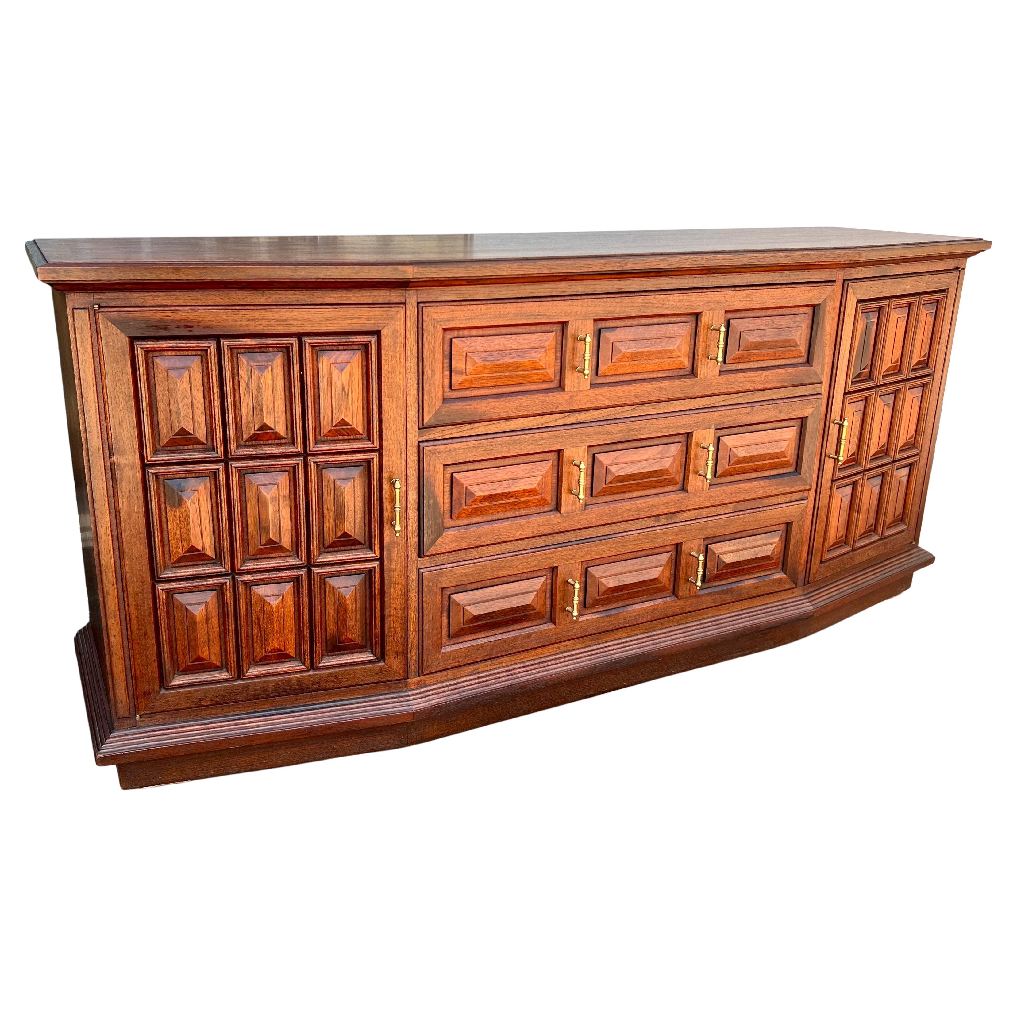 Mid-Century Modern American Walnut Mid Century Mediterranean Pillow Tufted Facade Credenza Buffet For Sale