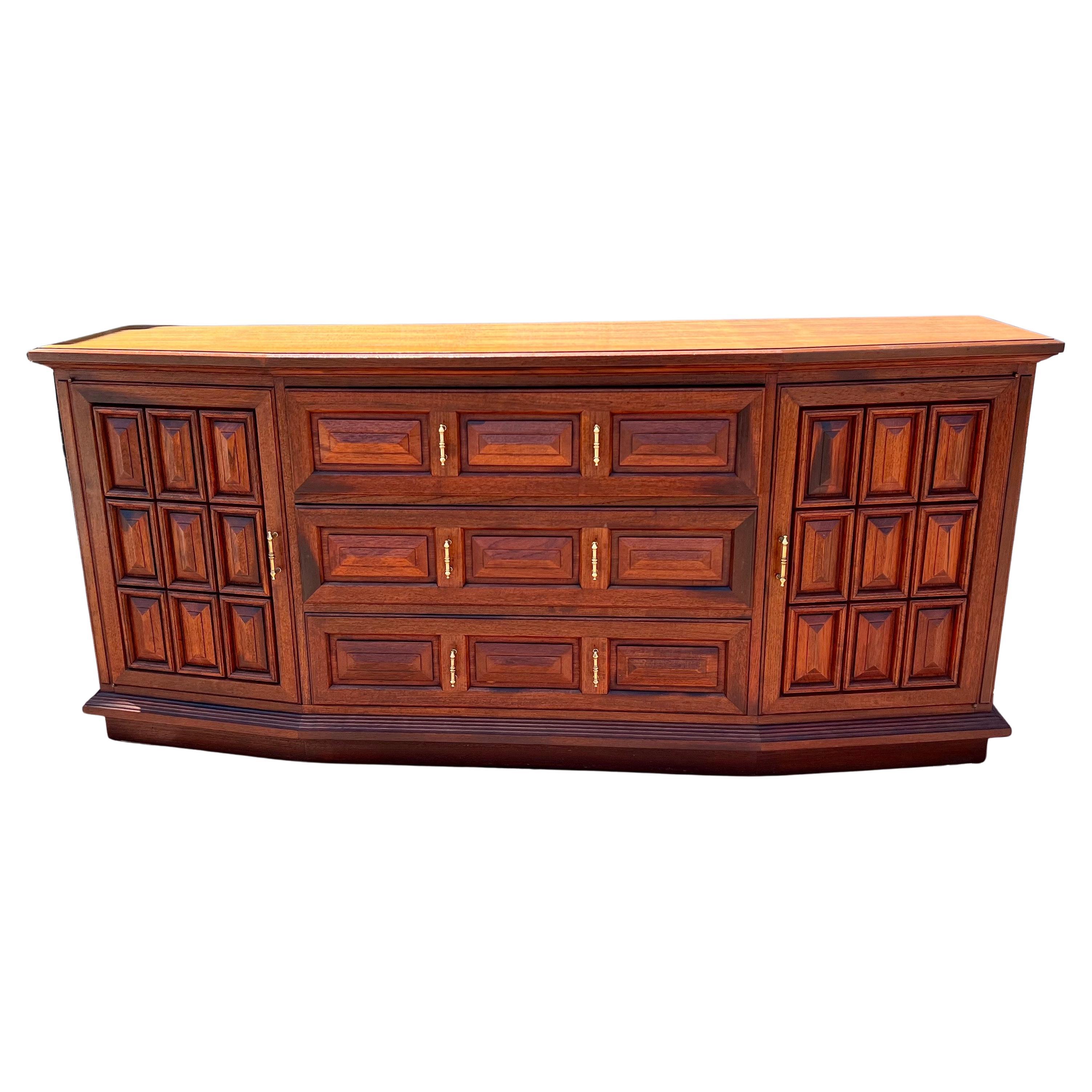 20th Century American Walnut Mid Century Mediterranean Pillow Tufted Facade Credenza Buffet For Sale