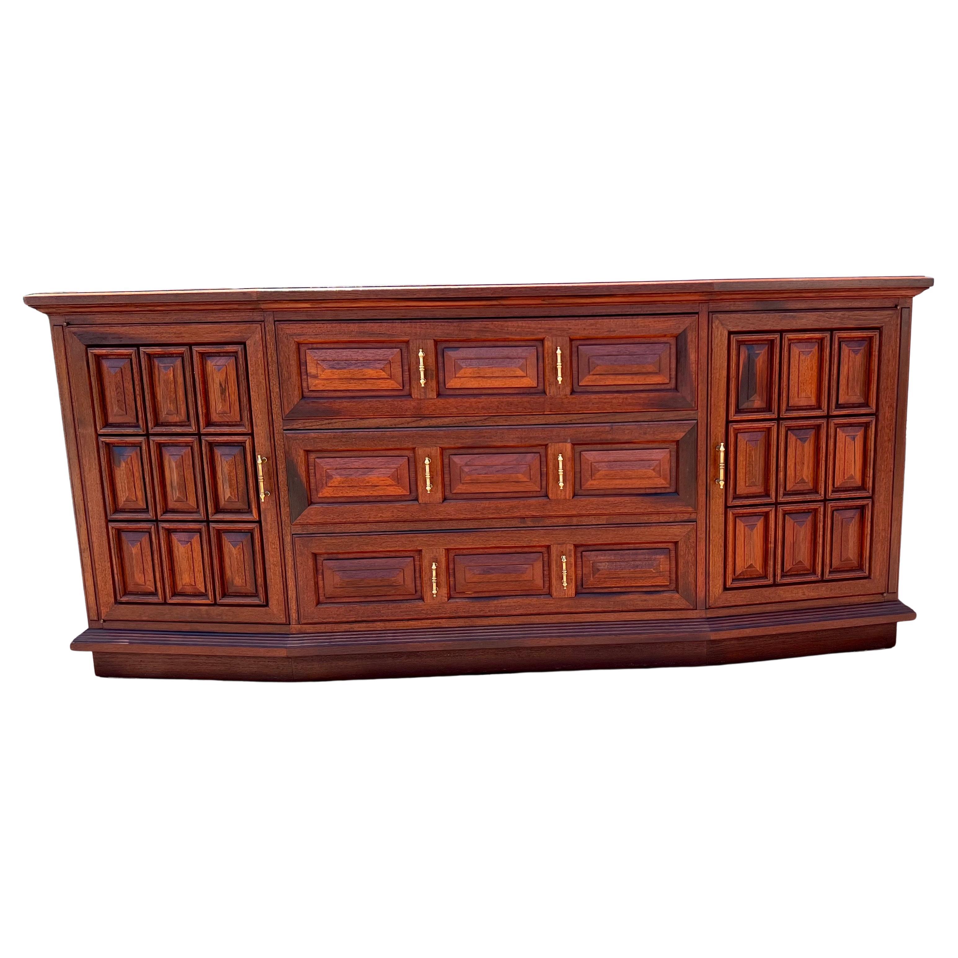 Brass American Walnut Mid Century Mediterranean Pillow Tufted Facade Credenza Buffet For Sale