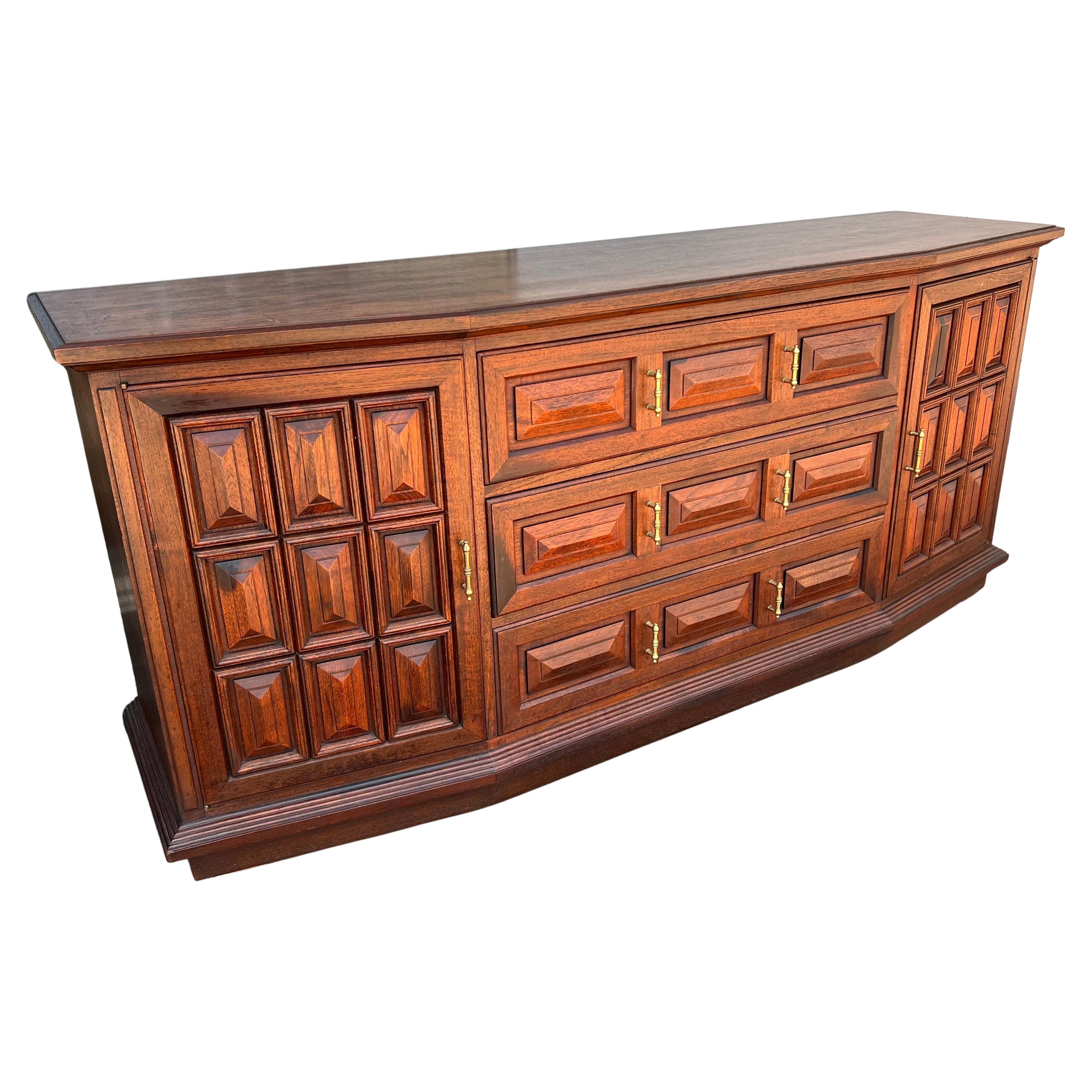 American Walnut Mid Century Mediterranean Pillow Tufted Facade Credenza Buffet