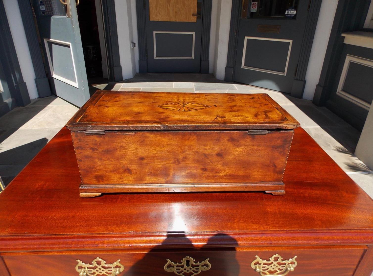 American Walnut Satinwood Inlaid Valuables Box with Original Feet, Circa 1780 For Sale 6