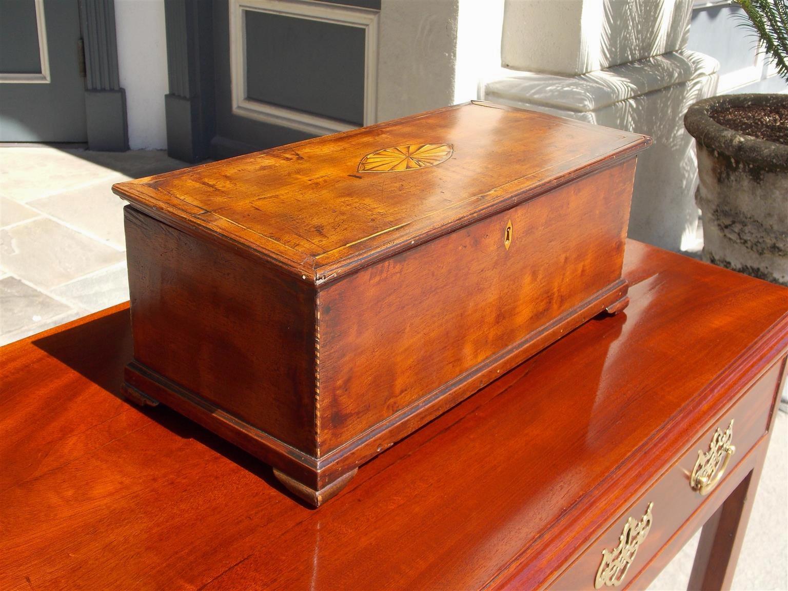 Chippendale American Walnut Satinwood Inlaid Valuables Box with Original Feet, Circa 1780 For Sale