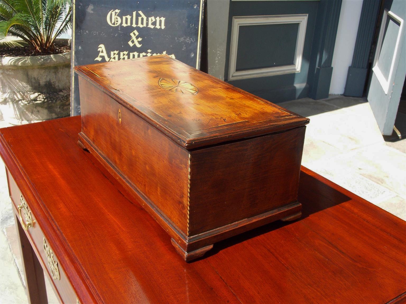 Hand-Carved American Walnut Satinwood Inlaid Valuables Box with Original Feet, Circa 1780 For Sale