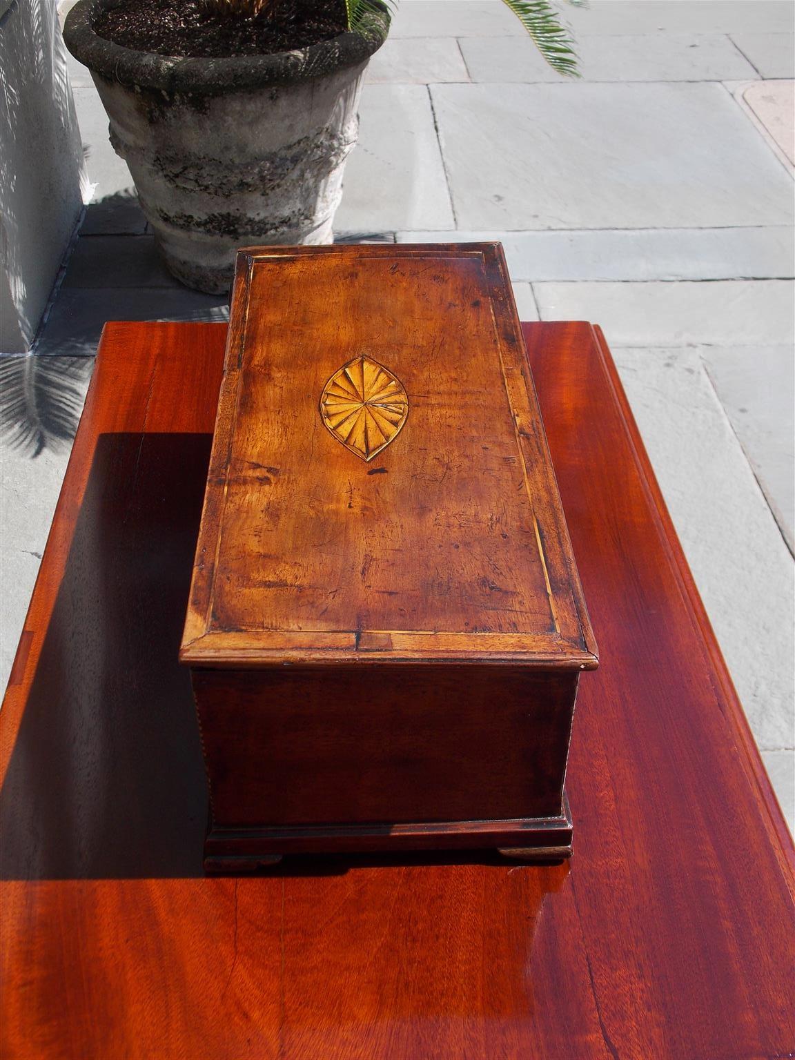 Late 18th Century American Walnut Satinwood Inlaid Valuables Box with Original Feet, Circa 1780 For Sale