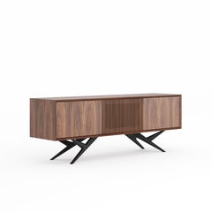 Buffet en noyer américain avec porte à lamelles et base organique noire - Mid-Century