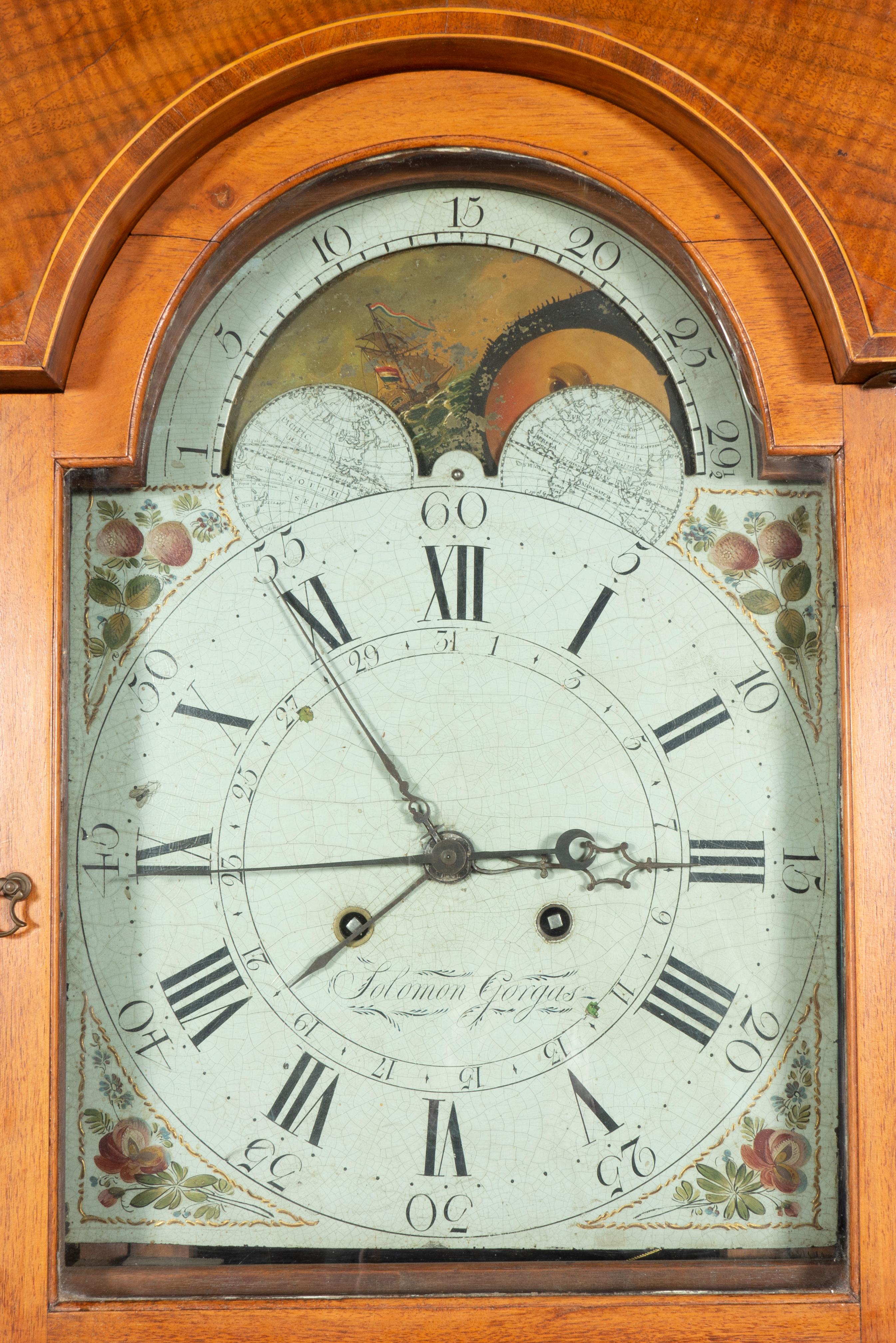 American Walnut Tall Case Clock by Solomon Gorgas For Sale 4
