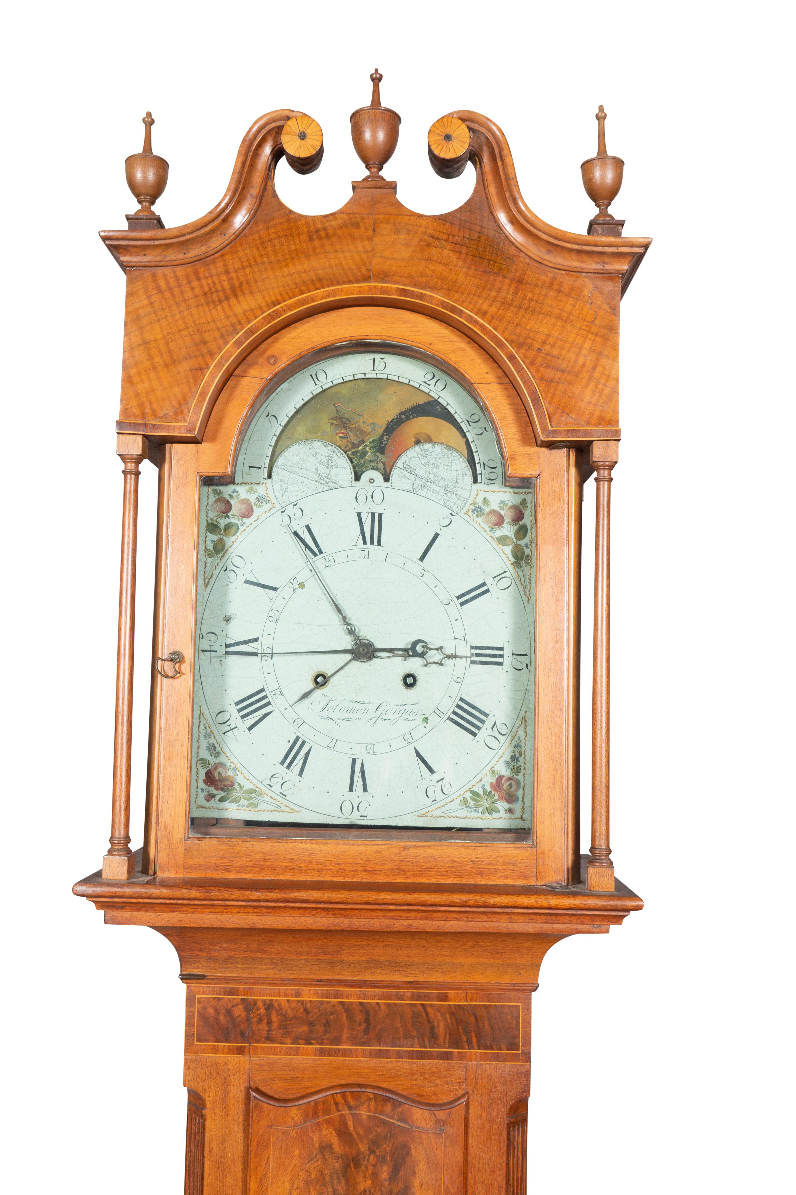 American Walnut Tall Case Clock by Solomon Gorgas For Sale 1