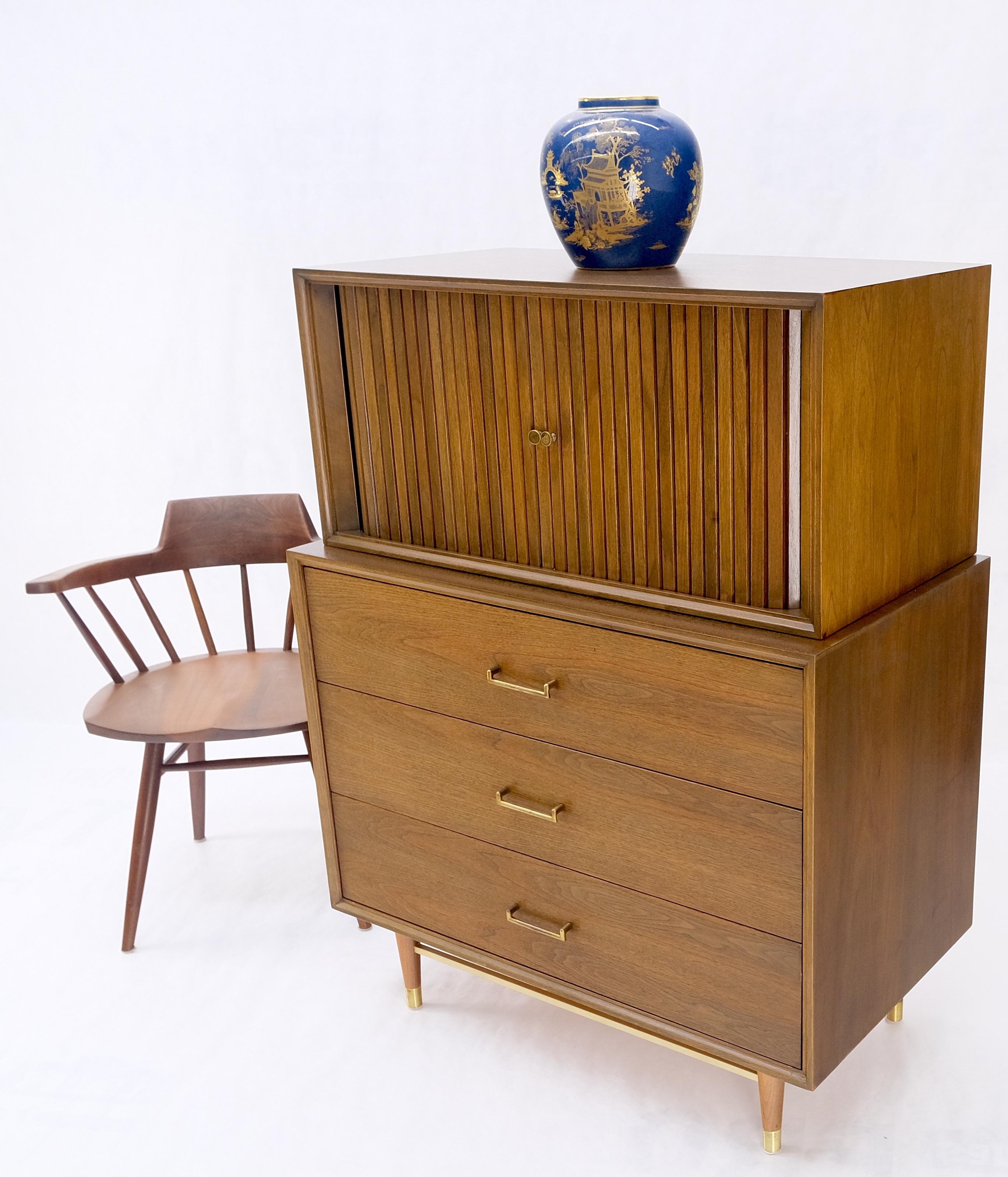 Mid-Century Modern American Walnut Two Part Dresser High Chest W Tambour Door Compartment Mint! For Sale