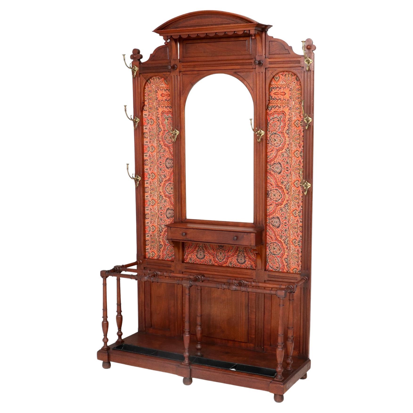 American Walnut Victorian Hall Tree or Coat Stand with Umbrella Stand, 1890s