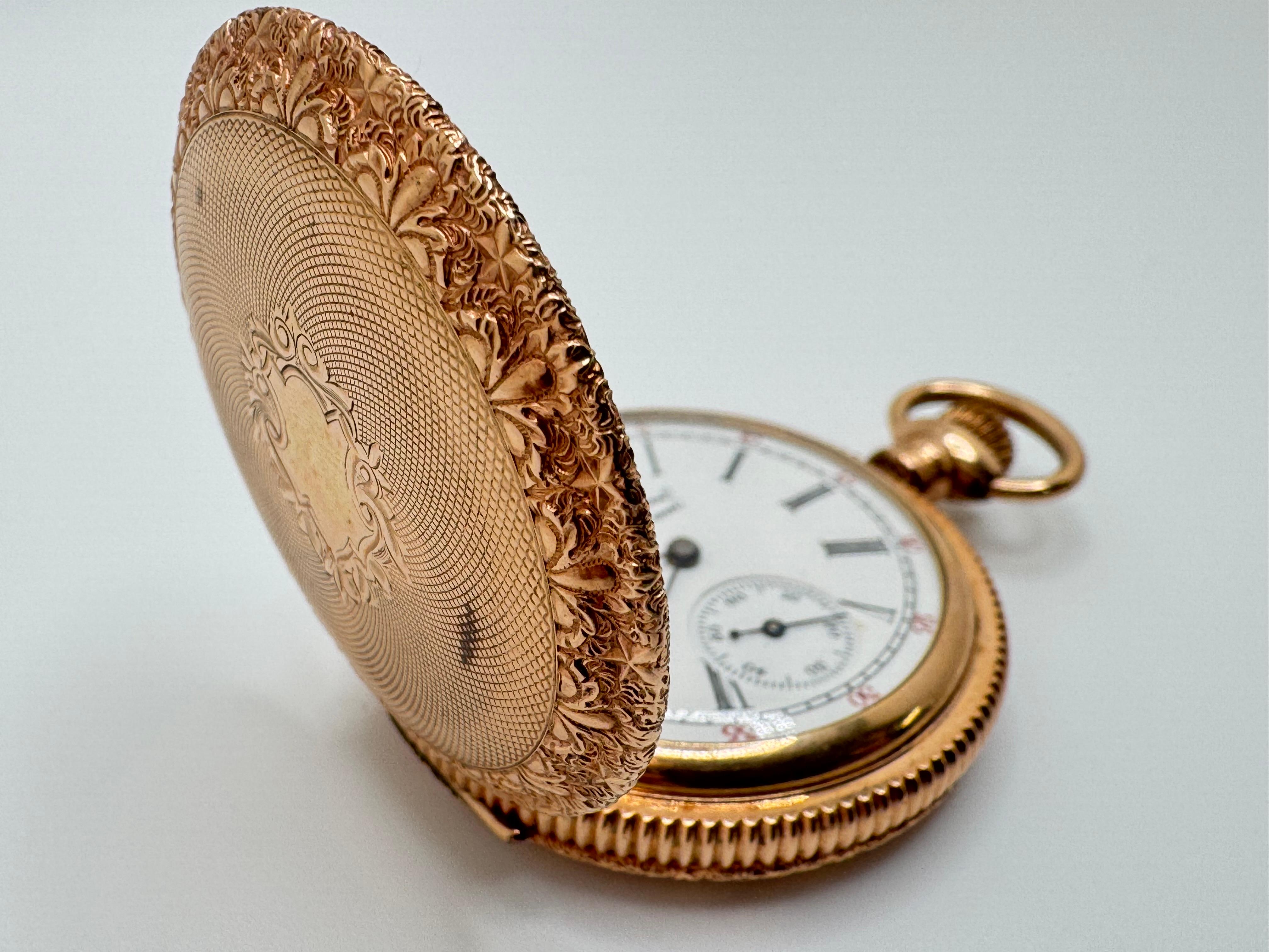 This classic American Waltham pocket watch is a fine example of early American craftsmanship and timeless design. Weighing 59.42 grams, it has a substantial feel, reflecting the quality of its construction. The watch carries the serial number