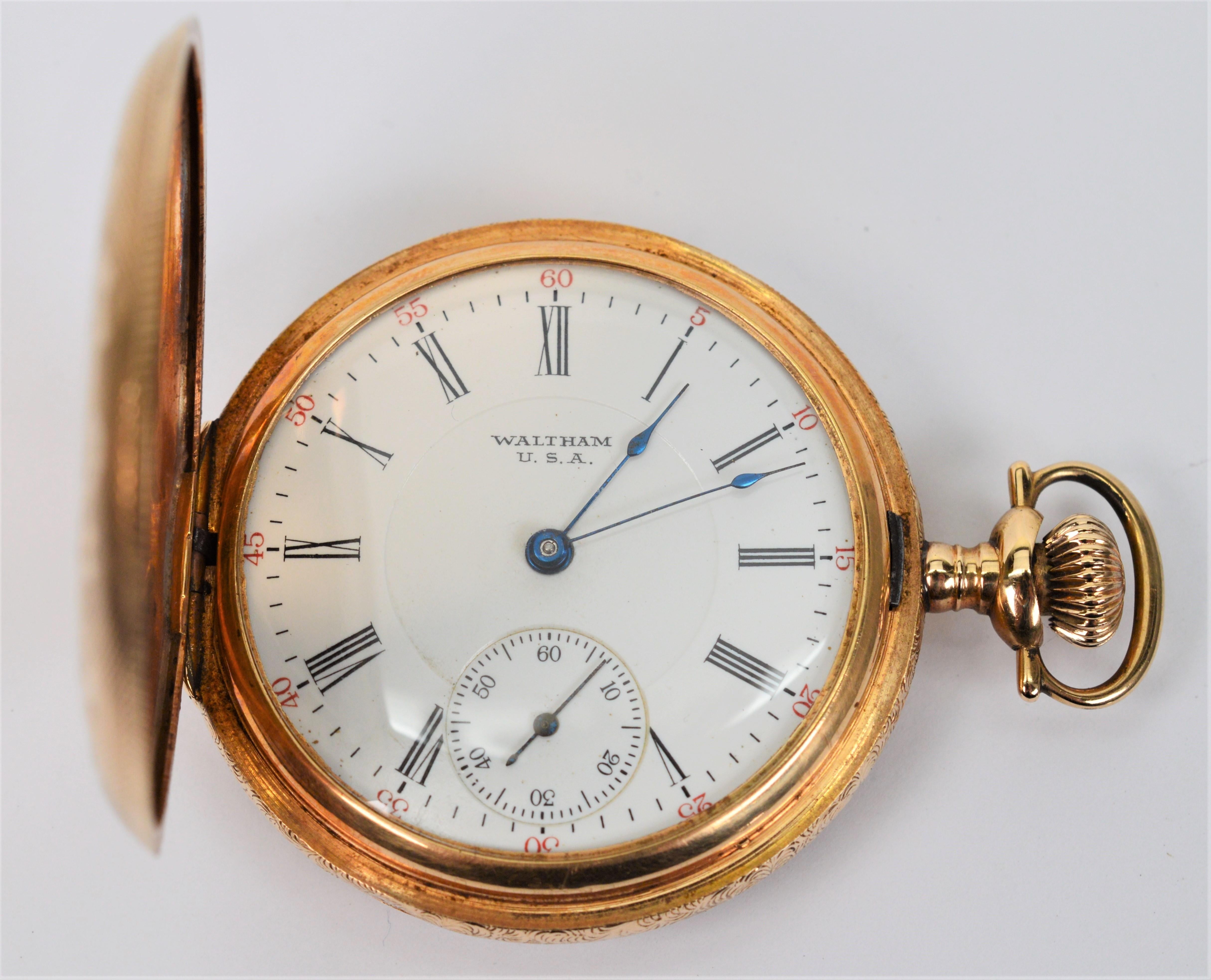 From American Waltham Watch Company, 14 karat yellow gold pocket watch Bartlett Grade model no. 1908 in size 16 with Serial Number 2303387.
Has seventeen jeweled movement with a fancy acid etched Breguet church regulator mounted in a hand engraved