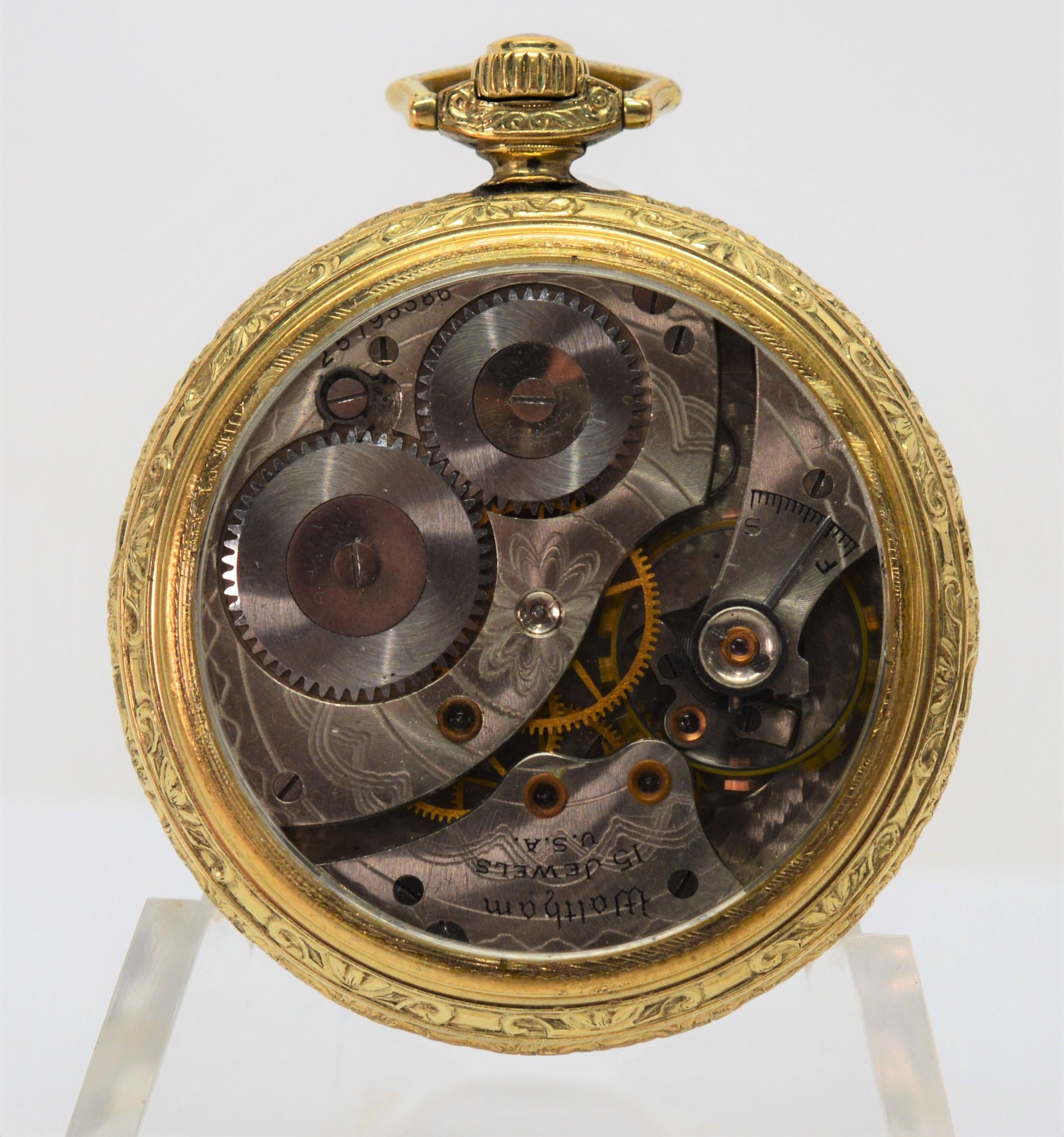 By Waltham Watch Company, this circa 1926 antique brass pocket watch, model number 1894, has been restored with a display back for a mesmerizing view of its beautiful fancy acid etched fifteen jewel movement. In watch size is 12S ( approximately 1