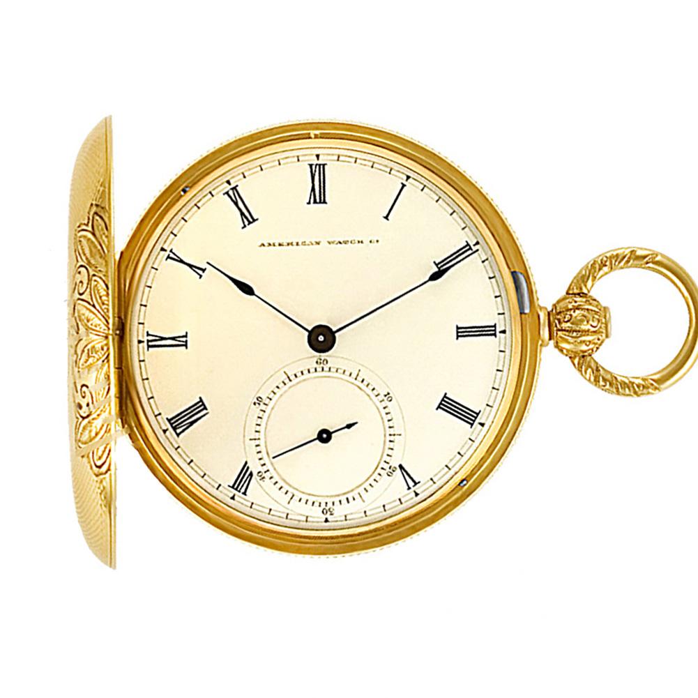 American Watch Company hunter case key-winding pocket watch 15 jewels, enamel dial and spade hands  in 18k with 14k chain and key. Manual with sub-seconds. Ref 15045. Circa 1880s. Fine Pre-owned American Watch.   Certified preowned Vintage American
