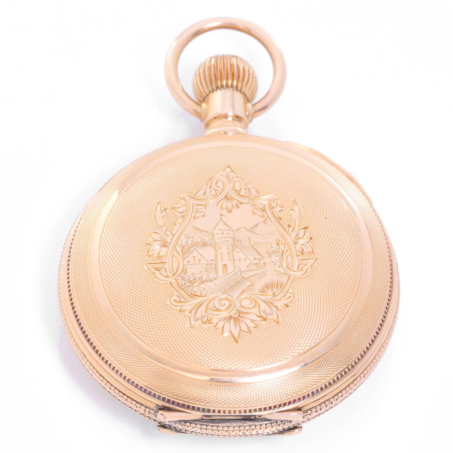 Beautiful example of a never used American Watch Co. Waltham 14K Yellow Gold Pocket Watch -  Manual winding; 15 jewels. Unused 14K Yellow Gold solid case ( 54 mm ). White enamel dial with black Roman numerals; subseconds at 6 o'clock position.