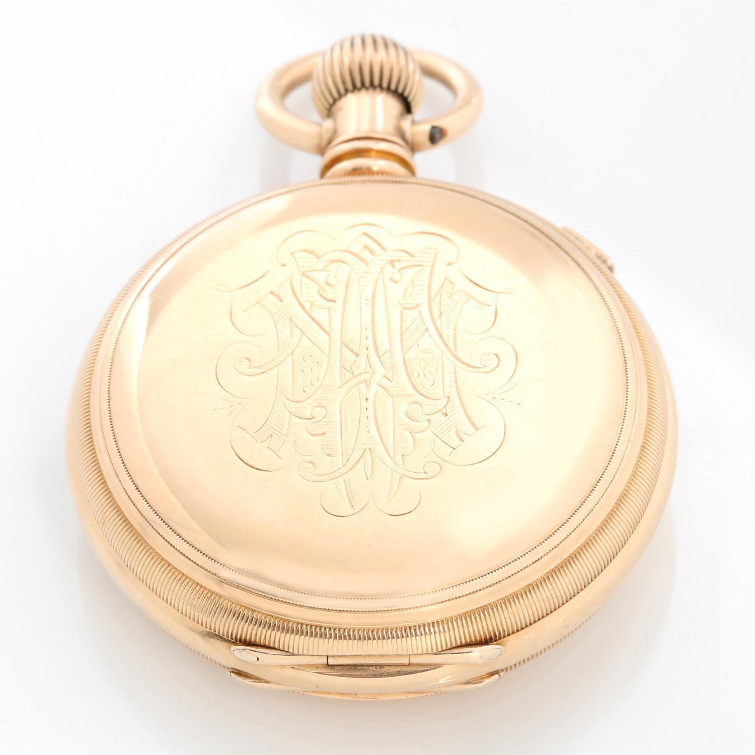 American Watch Co. Waltham 18K Yellow Gold Pocket Watch M1874 - Manual winding; 16 jewels. 18K Yellow Gold solid case ( 52 mm ). Double dial chronograph. White enamel dial with black Roman numerals; subseconds at 9 o'clock position; Chronograph work