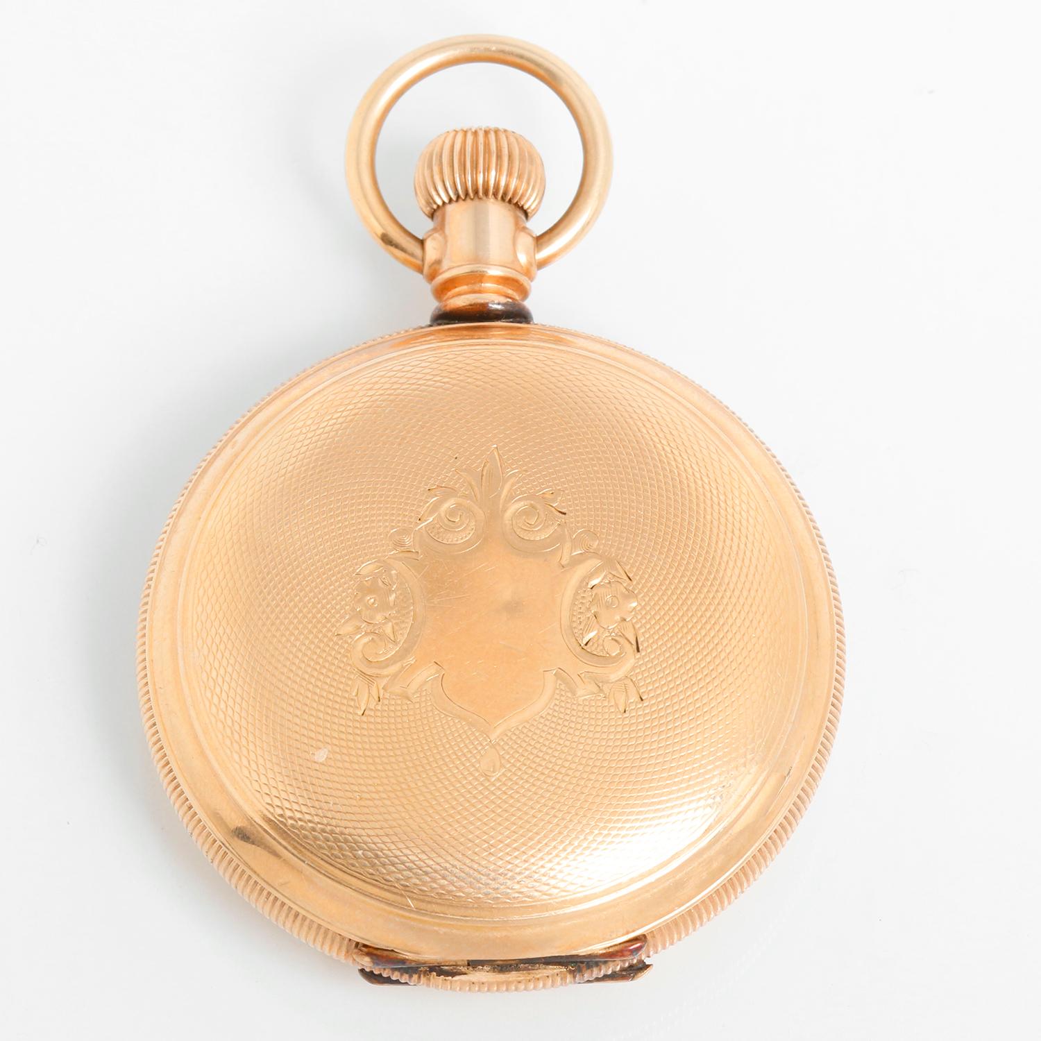 American Watch Co. Waltham Pocket Watch Model 1889 - Manual winding; 11 jewels. Gold plated ( 41mm ). White dial with roman numerals and sub dial at 6 oclock. Pre-owned with custom box. Circa 1890s.
