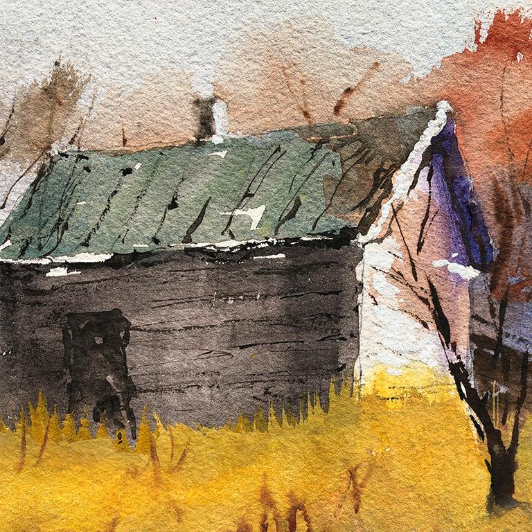 Original watercolor of American landscape on paper. Subject features landscape painting of a barn in Fall. Trees in orange and brown fill the background. The foreground shows wheat in yellow and brown. Thought to be of a farm in Oklahoma as this is