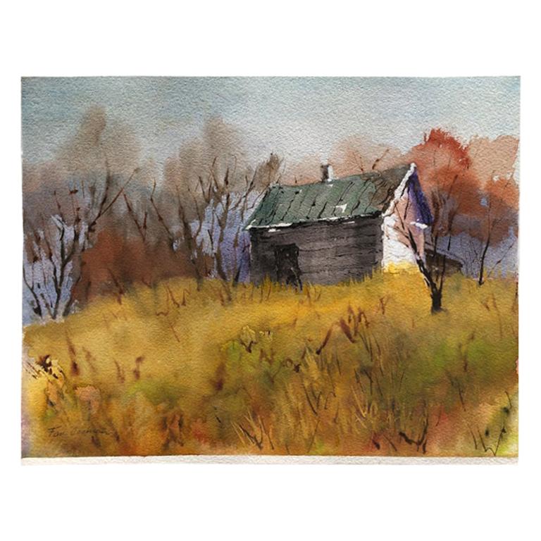 American Watercolor Landscape Painting of Barn and Fall Foliage Signed
