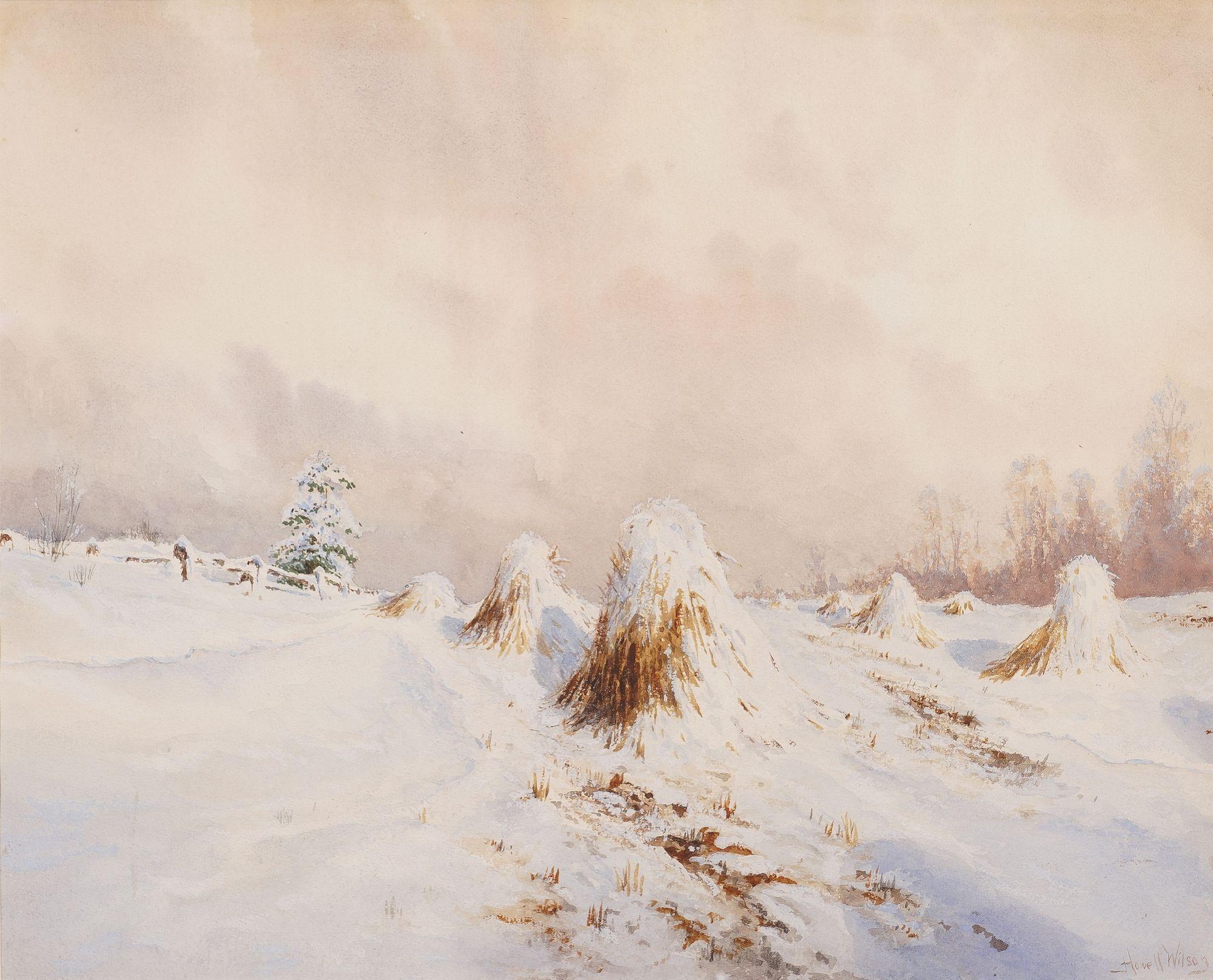 Watercolor on laid paper of snow covered corn rows under a gray winter sky. Archival mount under UV plexi and framed in gold leaf molding style of the period. The artist is known for the subtle lighting of his watercolor landscapes.

Signed, LR: