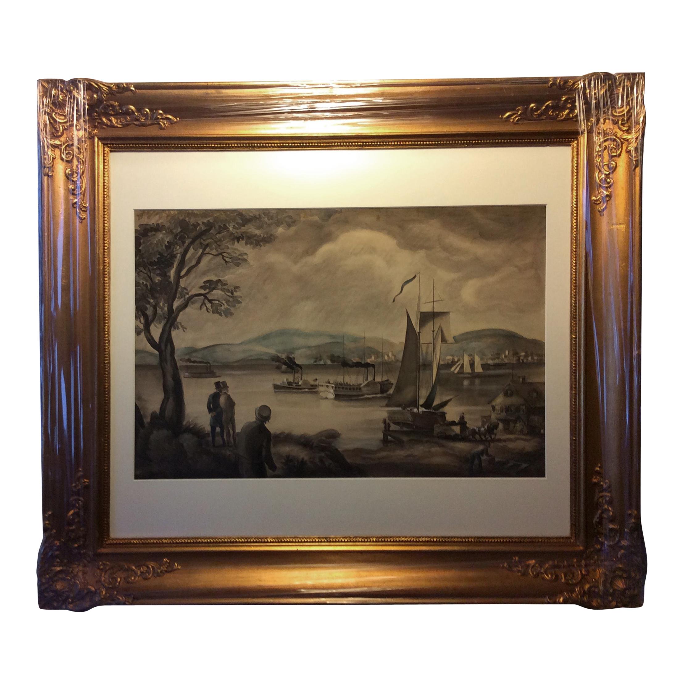 American Watercolor, View of an American River, circa 1850 For Sale