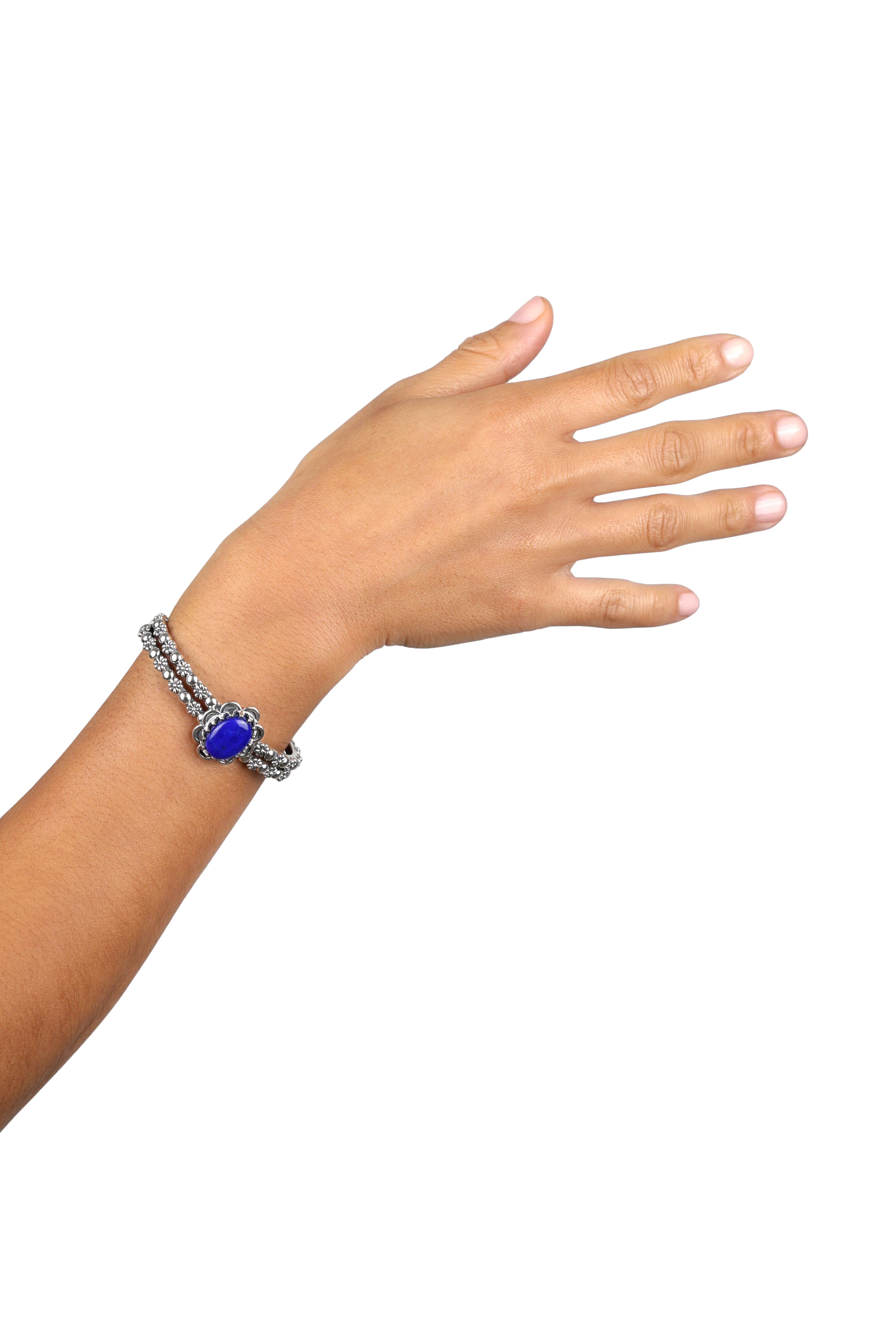 American West Jewelry Lapis Wildflower Sterling Silber Double Row Manschettenarmband (Indigene Kunst (Nord-/Südamerika)) im Angebot