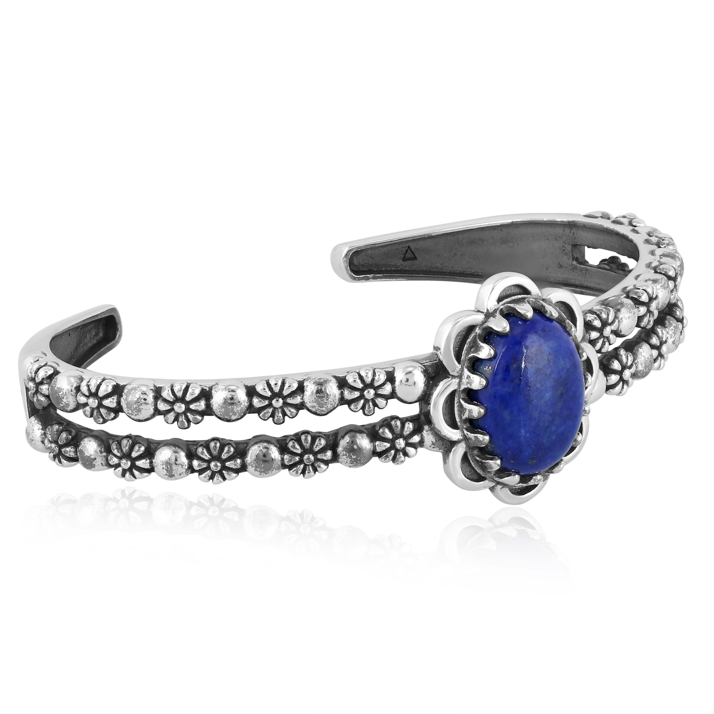 American West Jewelry Lapis Wildflower Sterling Silber Double Row Manschettenarmband (Ovalschliff) im Angebot