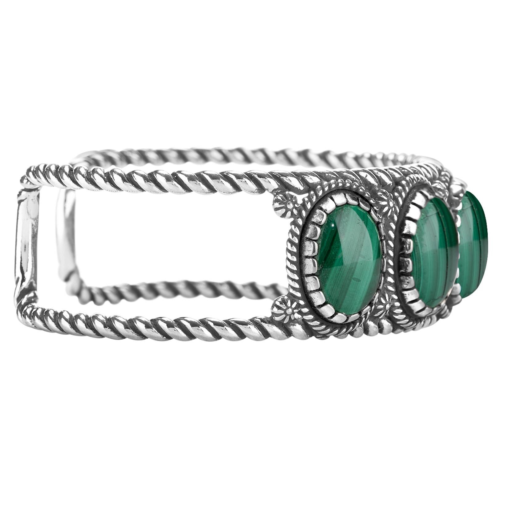 Oval Cut American West Jewelry Sterling Silver Green Malachite 5-Stone Cuff Bracelet For Sale