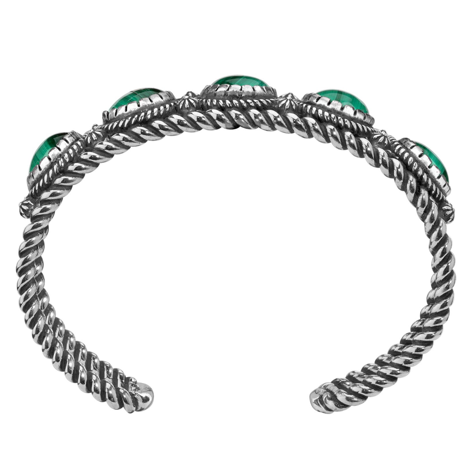American West Jewelry Sterling Silver Green Malachite 5-Stone Cuff Bracelet In New Condition For Sale In New York, NY