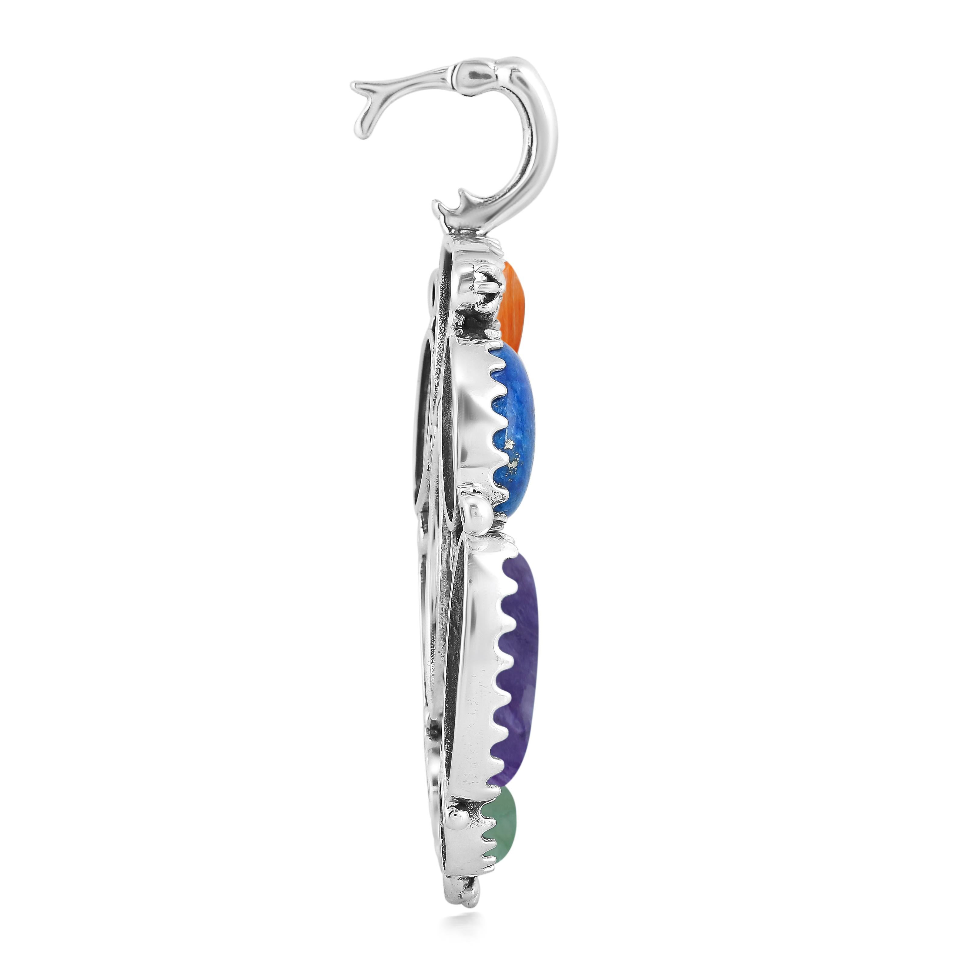 Taglio ovale Gioielli dell'Ovest Americano Ciondolo Naja in argento Sterling con pietre preziose multicolori in vendita