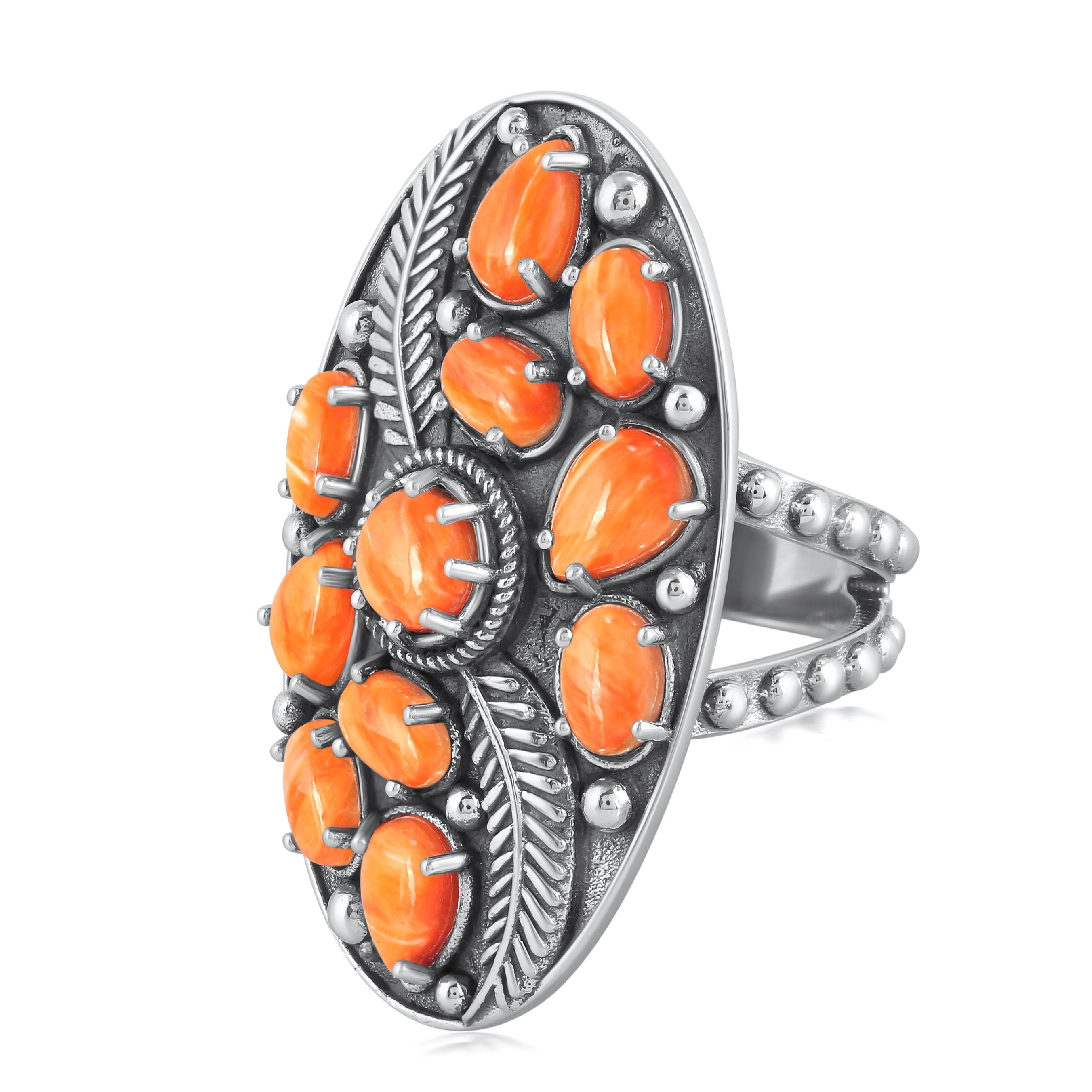 Taglio rotondo American West Jewelry Anello con foglie di ostrica spinosa arancione in argento sterling, taglie 5-11 in vendita