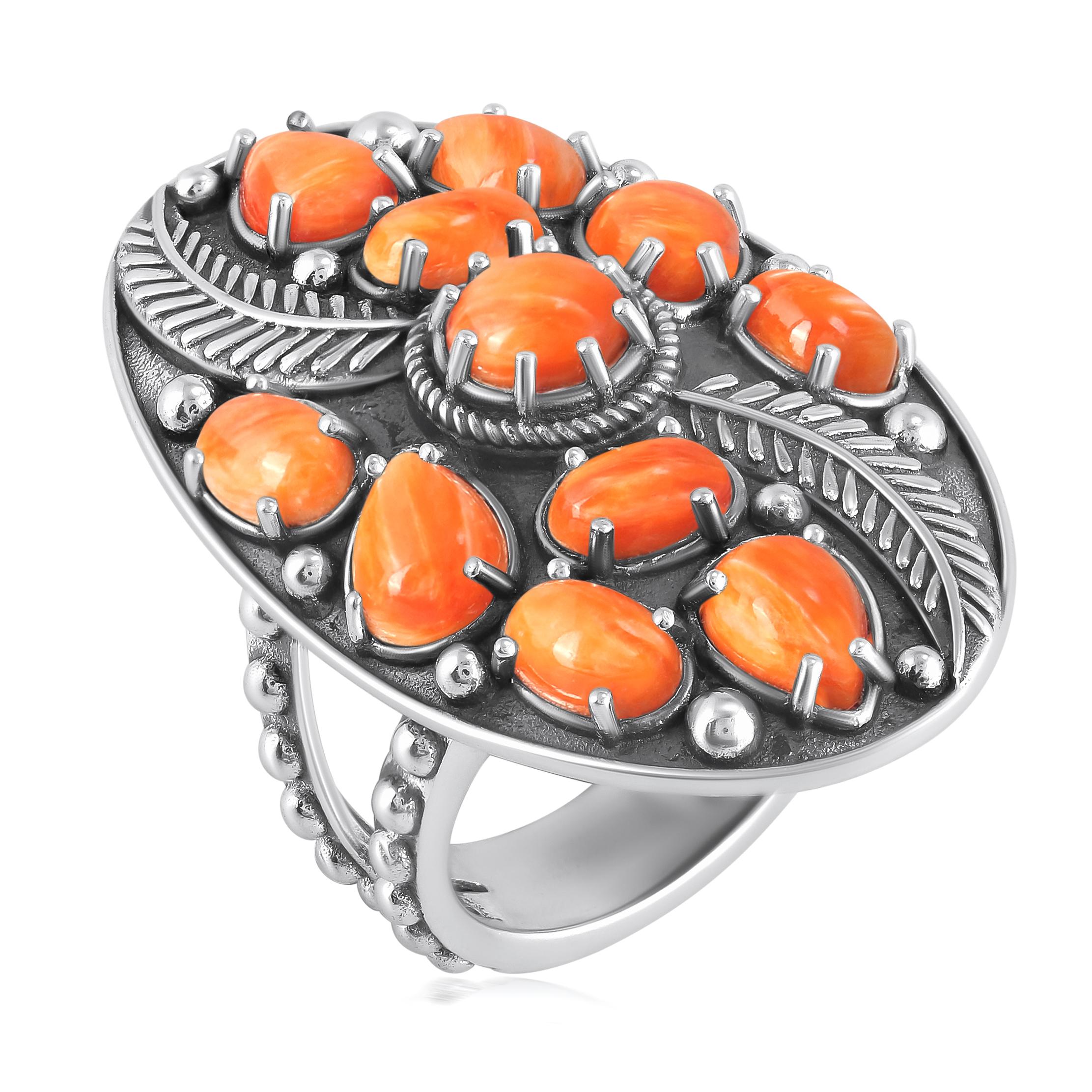 Donna American West Jewelry Anello con foglie di ostrica spinosa arancione in argento sterling, taglie 5-11 in vendita