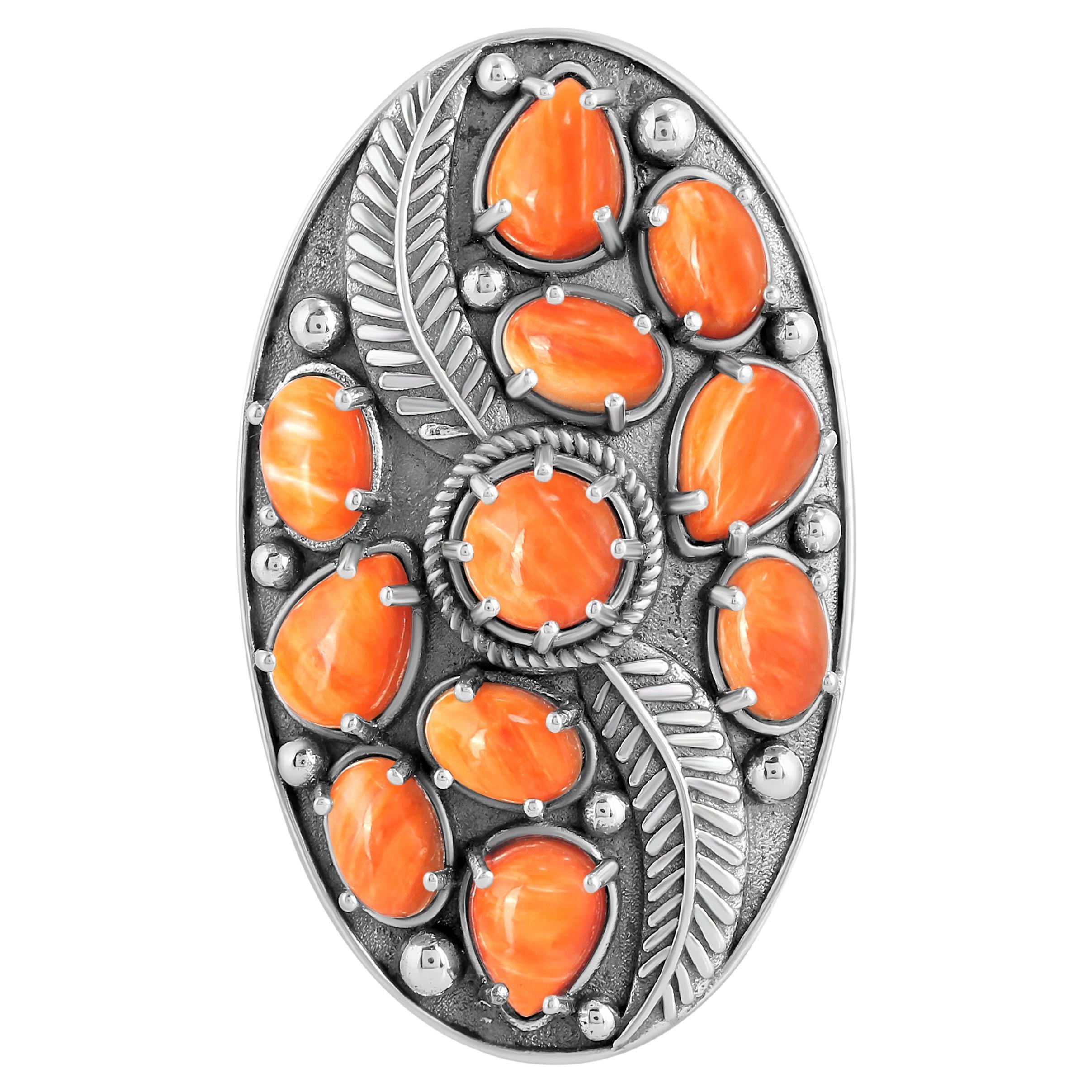 American West Jewelry Anello con foglie di ostrica spinosa arancione in argento sterling, taglie 5-11 in vendita