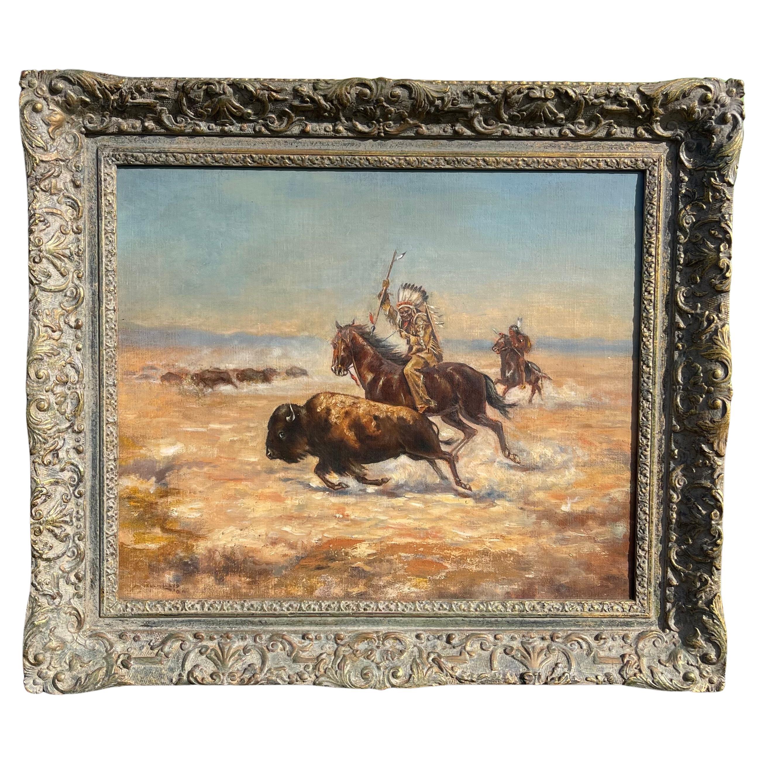 American West Native Hunting Painting After “Doomed” by Charles Schreyvogel For Sale