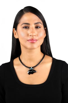 American West Silver Blue Turquoise, Black Agate Bear Shaped Pedant Enhancer