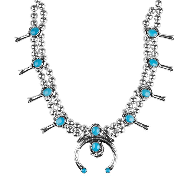 Taglio rotondo American West Argento Blu Turchese Squash Blossom, da 21 a 24 pollici in vendita