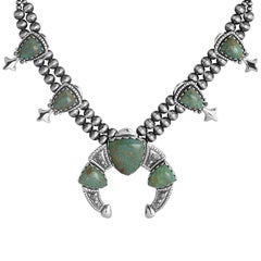 American West Silver Green Turquoise Arrowhead Squash Blossom Necklace, 18