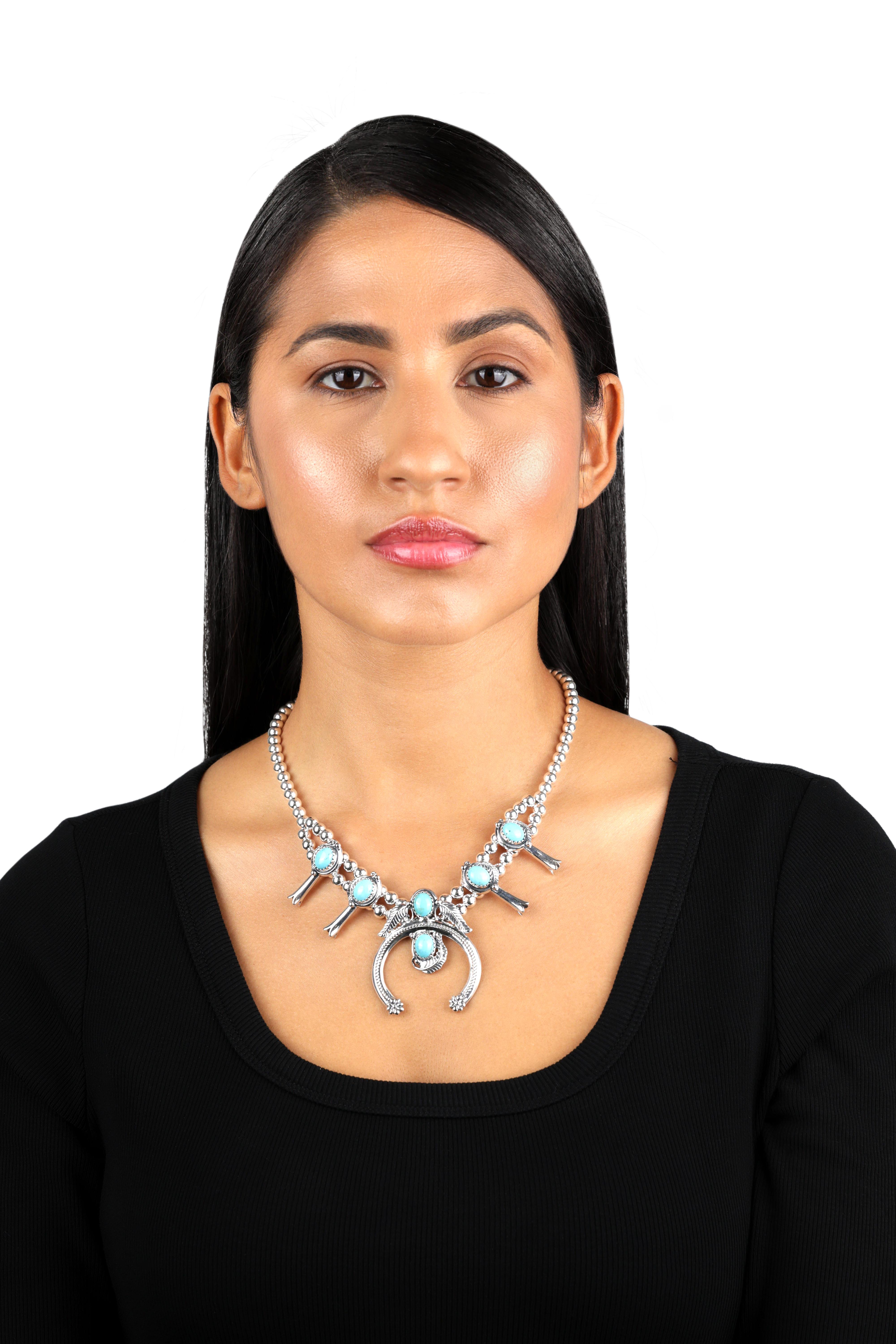 Nativo americano Collana Naja con fiori di squash in turchese Kingman Silver American West 17