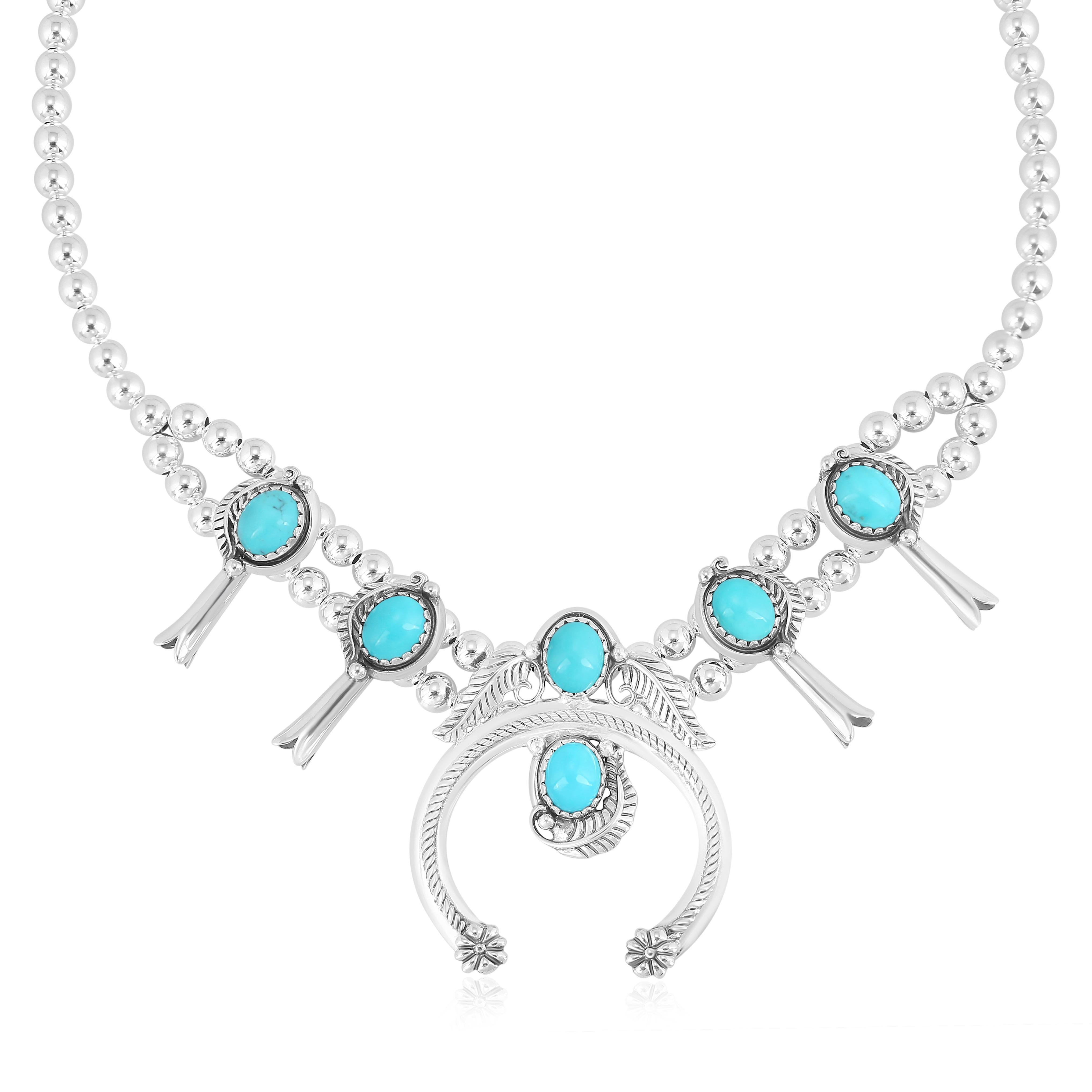 Taglio ovale Collana Naja con fiori di squash in turchese Kingman Silver American West 17