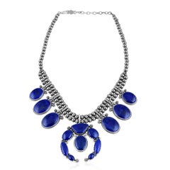 American West Silver Lapis Naja Squash Blossom Statement Necklace, 17 to 20 Inch