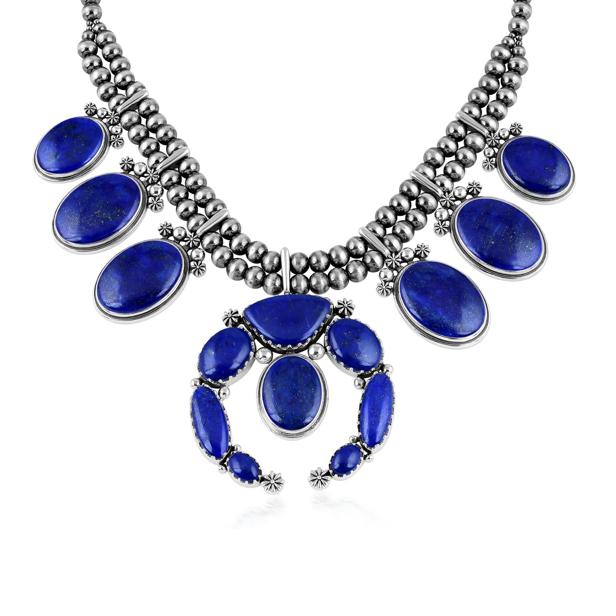 Nativo americano Collana con fiori di zucca in Lapis Naja d'argento American West, da 17 a 20 pollici in vendita