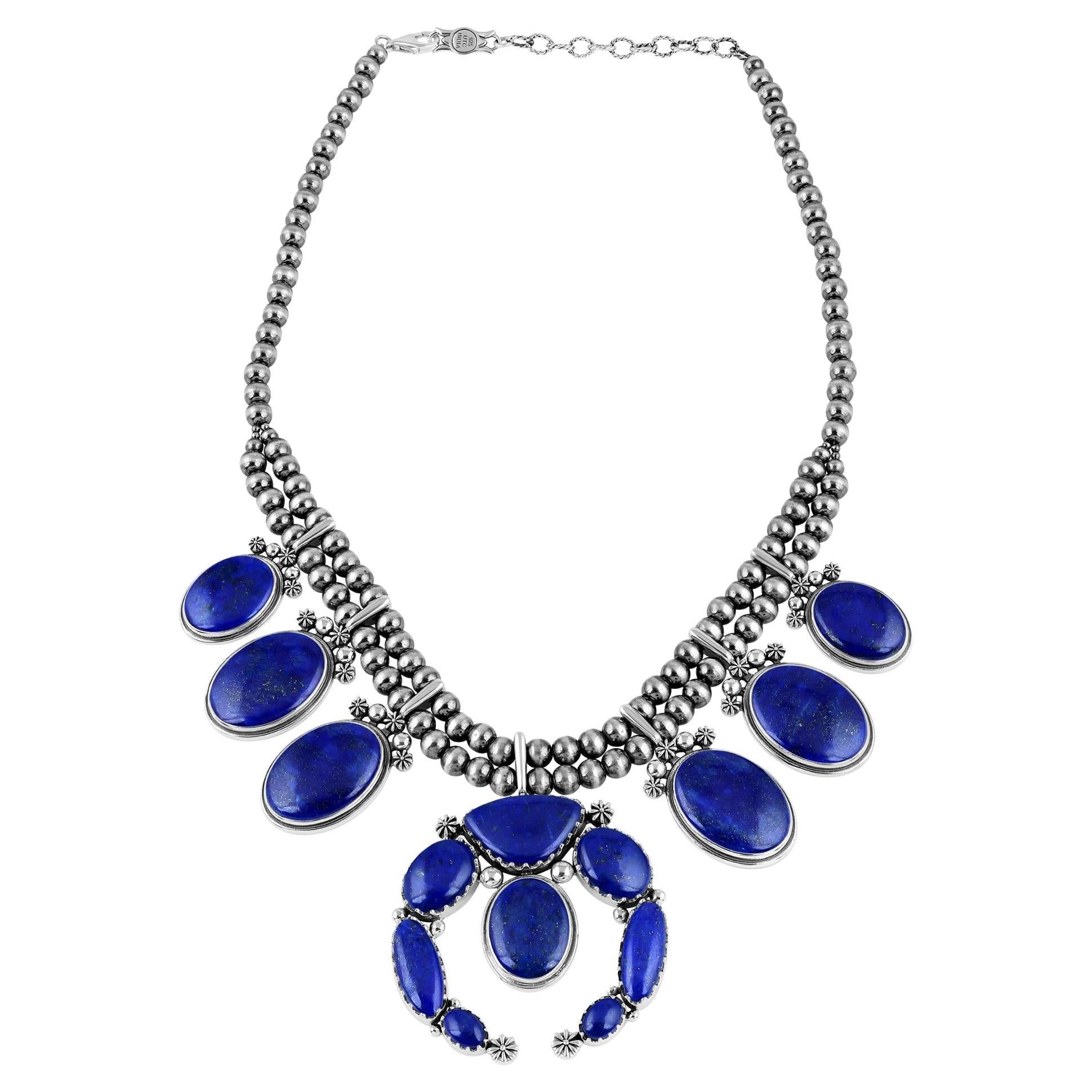 Collana con fiori di zucca in Lapis Naja d'argento American West, da 17 a 20 pollici