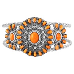 American West Silver Orange Spiny Oyster Bold Pear and Oval Cut Cuff Bracelet