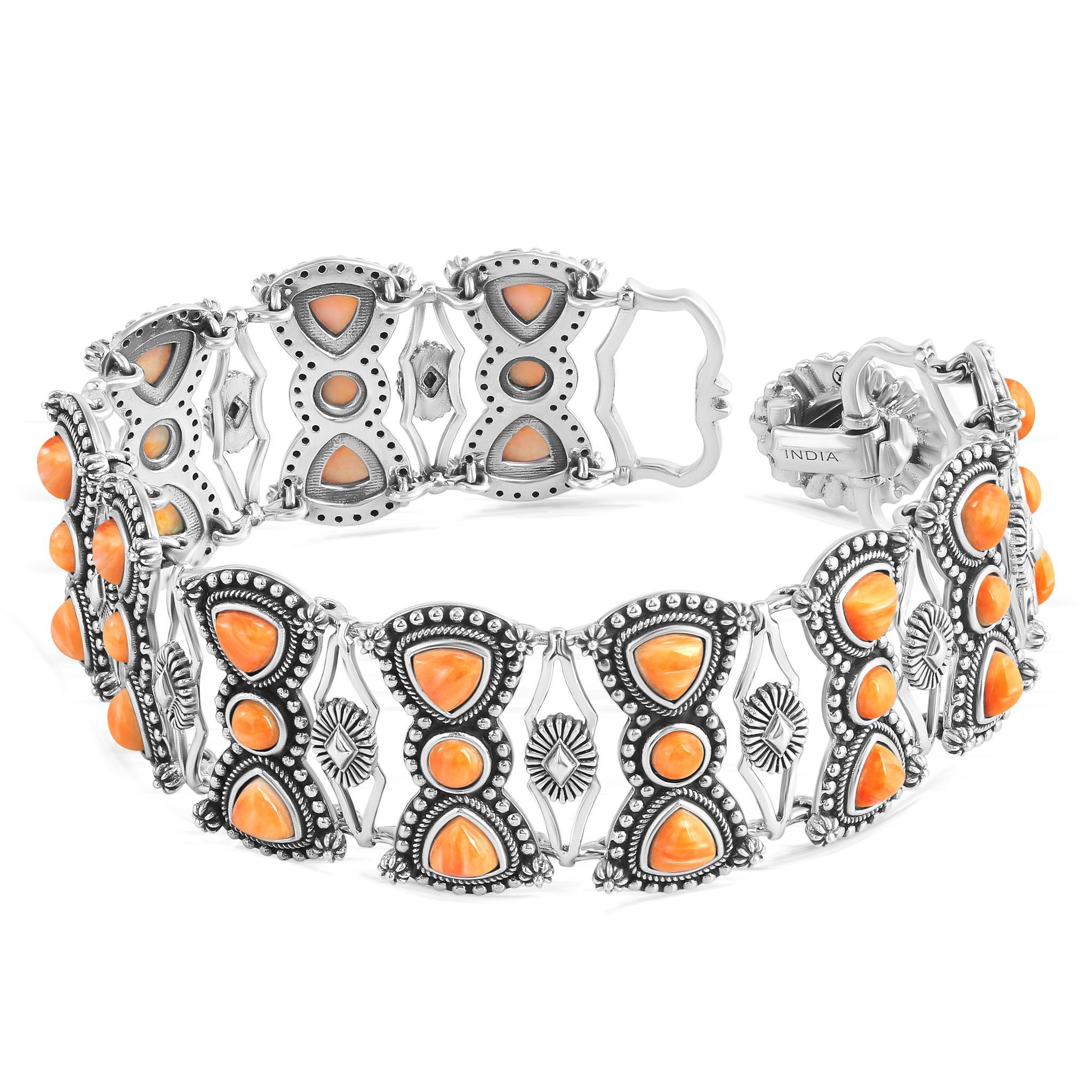 Amérindien A Silver Silver Bracelet à maillons en forme d'huîtres épineuses orange, rondes et taillées en trillion en vente