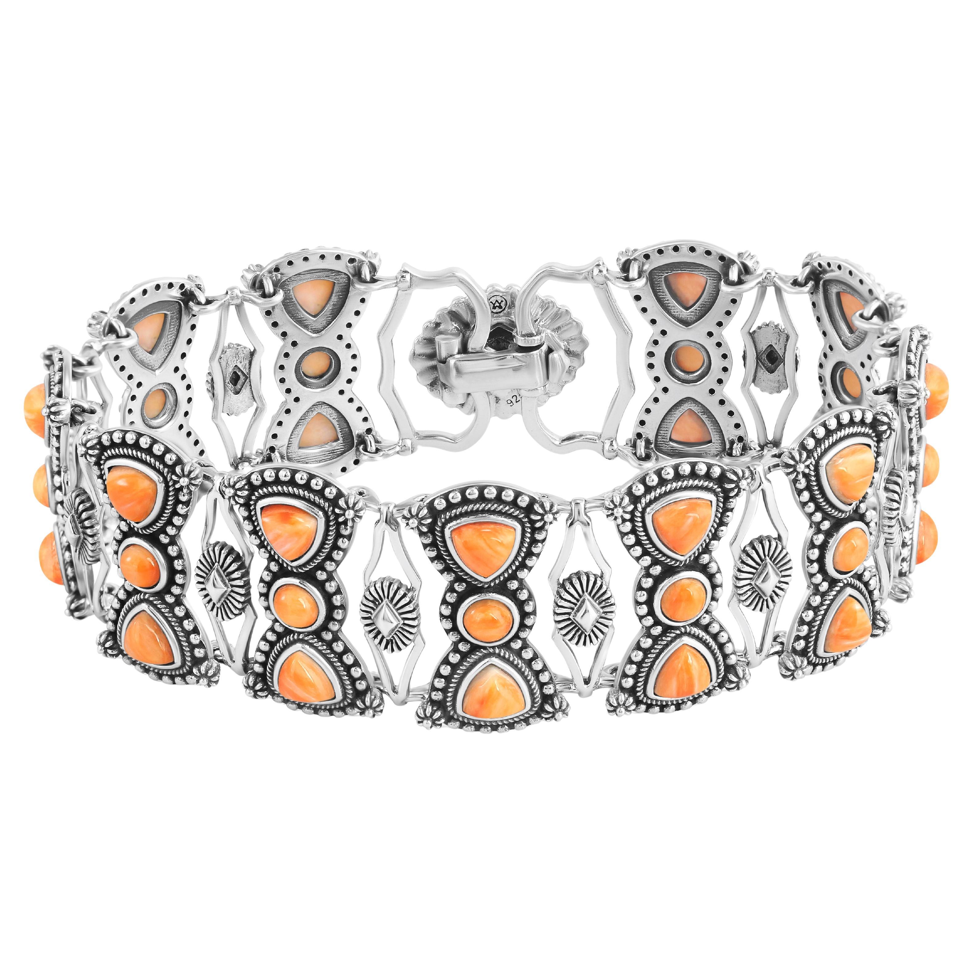 A Silver Silver Bracelet à maillons en forme d'huîtres épineuses orange, rondes et taillées en trillion