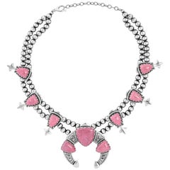 American West Silver Pink Rhodonite Arrowhead Squash Blossom Necklace, 18 t