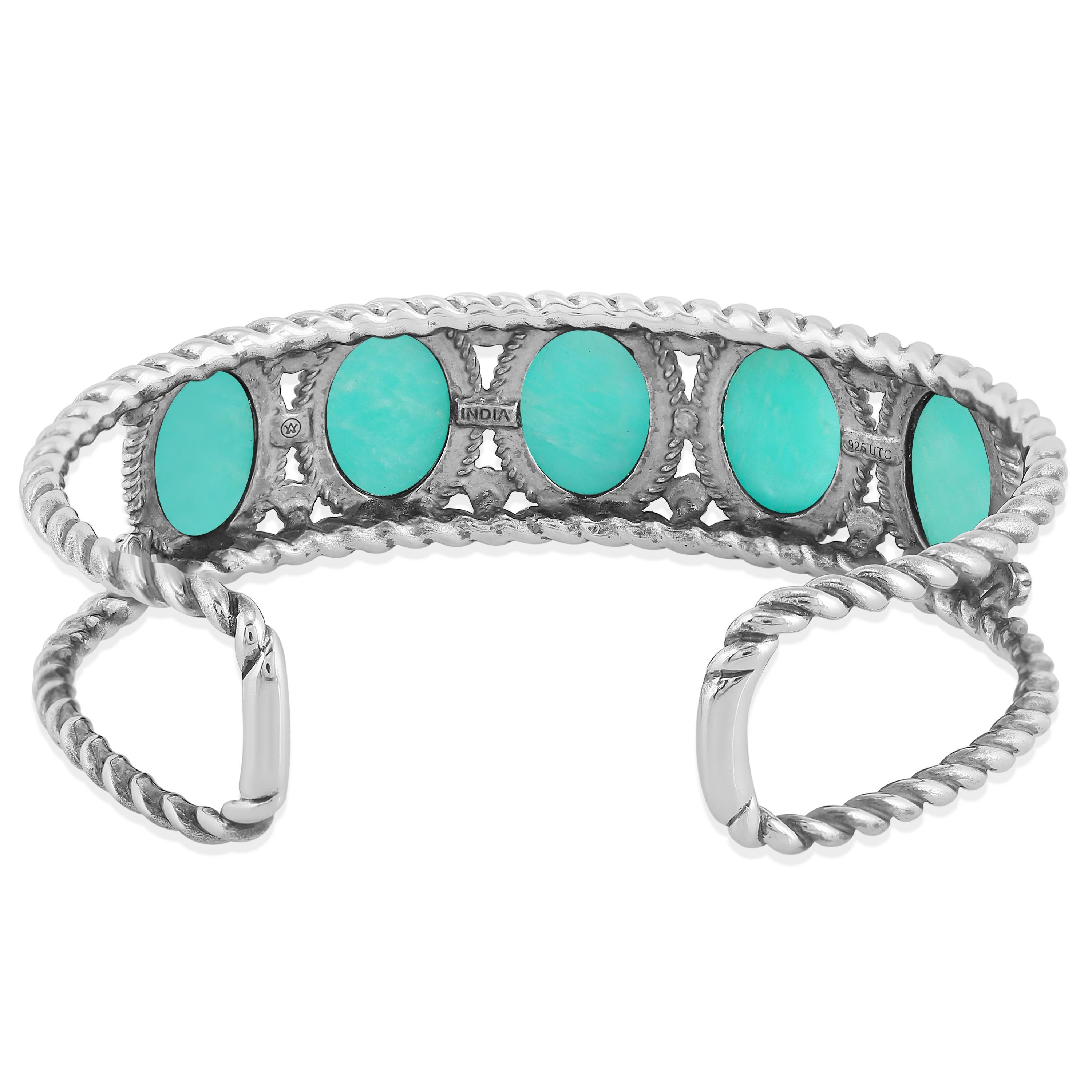 Taille ovale American West Sterling Silver Amazonite Rope Design 5-Stone Cuff Bracelet en vente