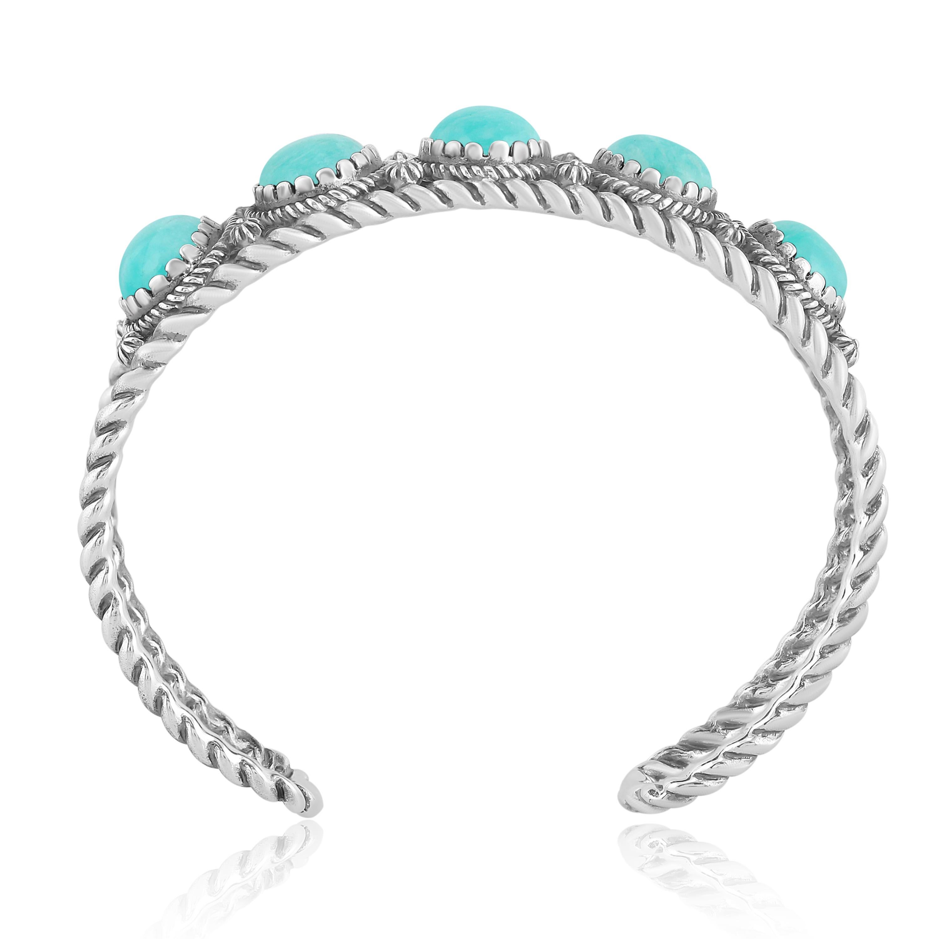 American West Sterling Silver Amazonite Rope Design 5-Stone Cuff Bracelet Neuf - En vente à New York, NY