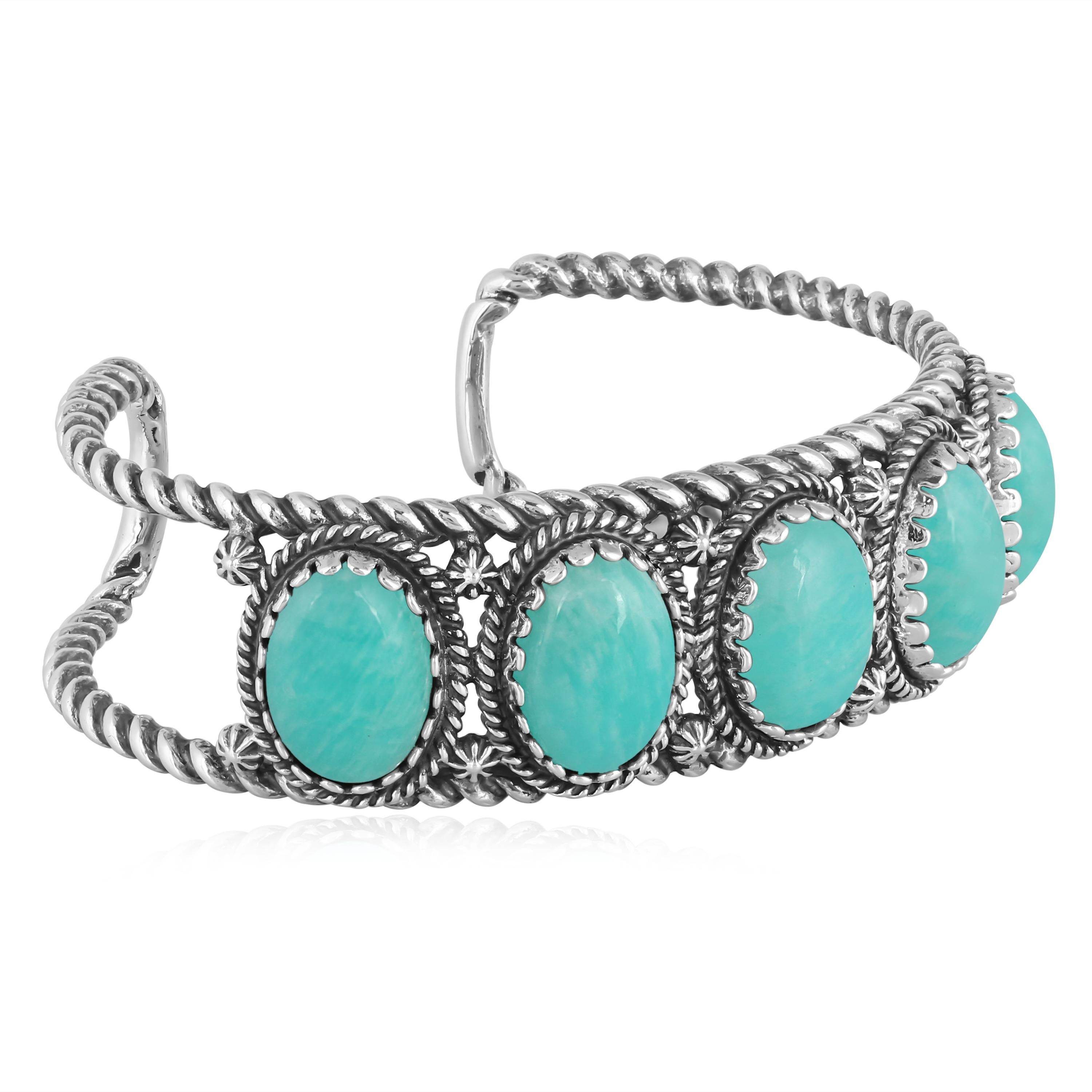 American West Sterling Silver Amazonite Rope Design 5-Stone Cuff Bracelet Unisexe en vente