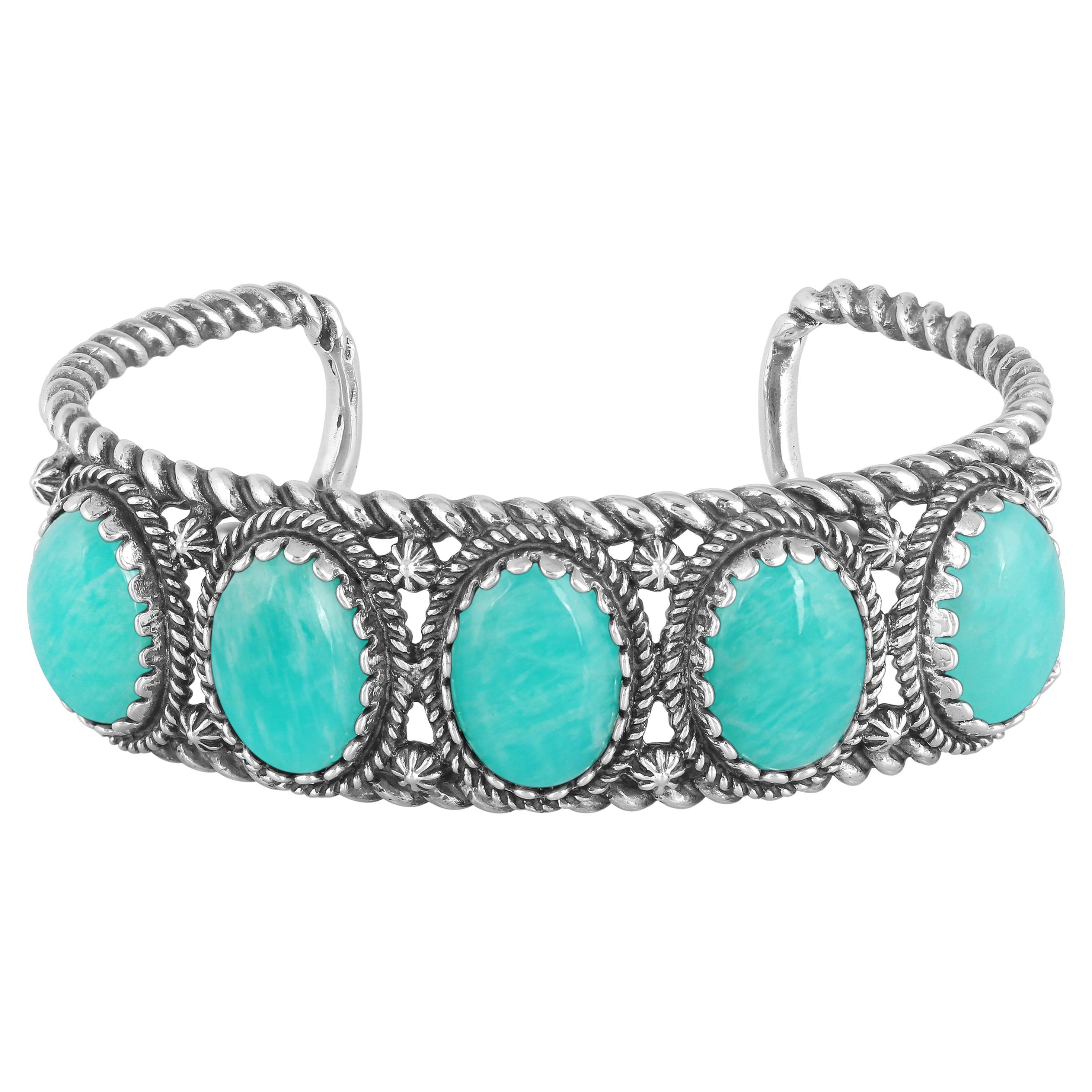 American West Sterling Silver Amazonite Rope Design 5-Stone Cuff Bracelet en vente