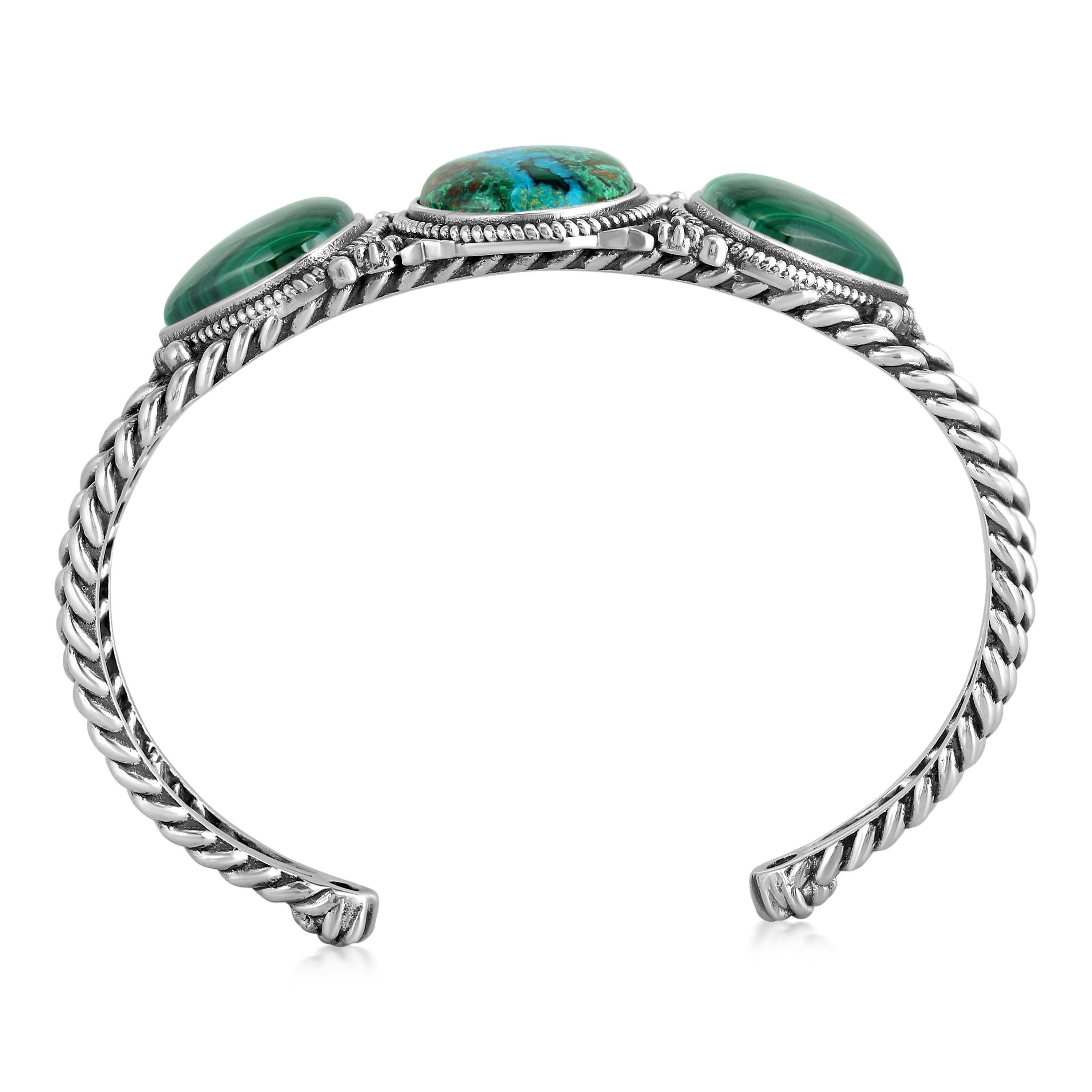 Brazalete de plata de ley del Oeste Americano con trillón de azurita y malaquita nativo estadounidense en venta